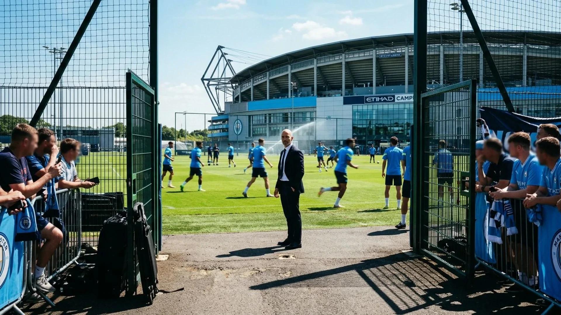 Wide shot of Manchester City's training ground with Enzo Maresca in focus, against a bright sunny backdrop.
