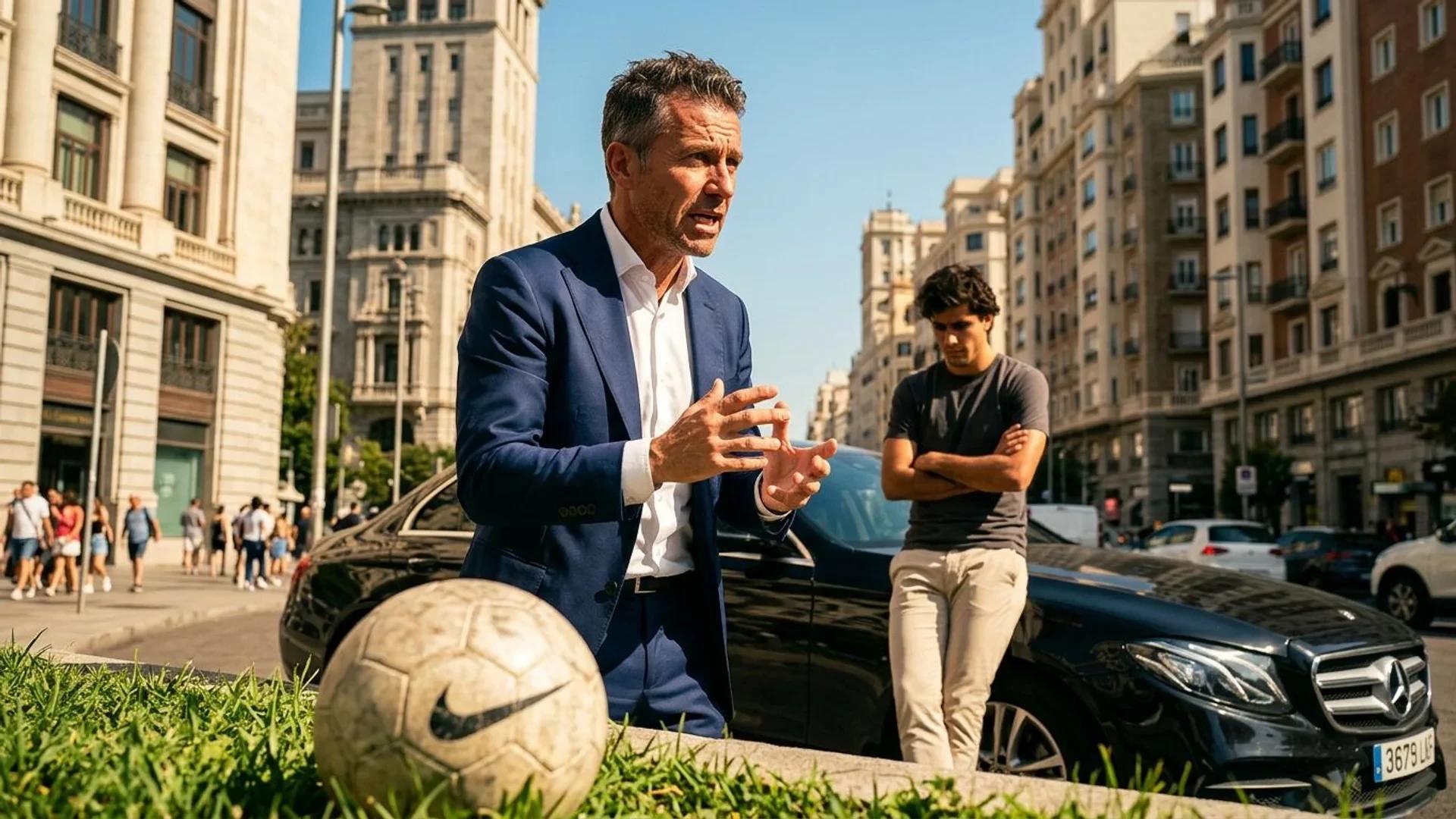 A football agent negotiating with a blurred football player in the background under bright sunlight.