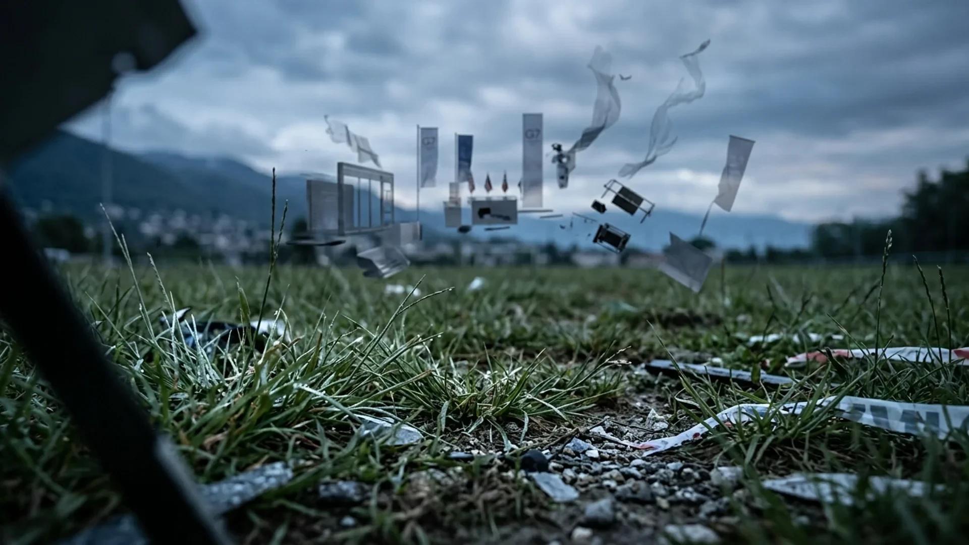 Close-up view of an abandoned football training pitch showing debris and damaged grass.