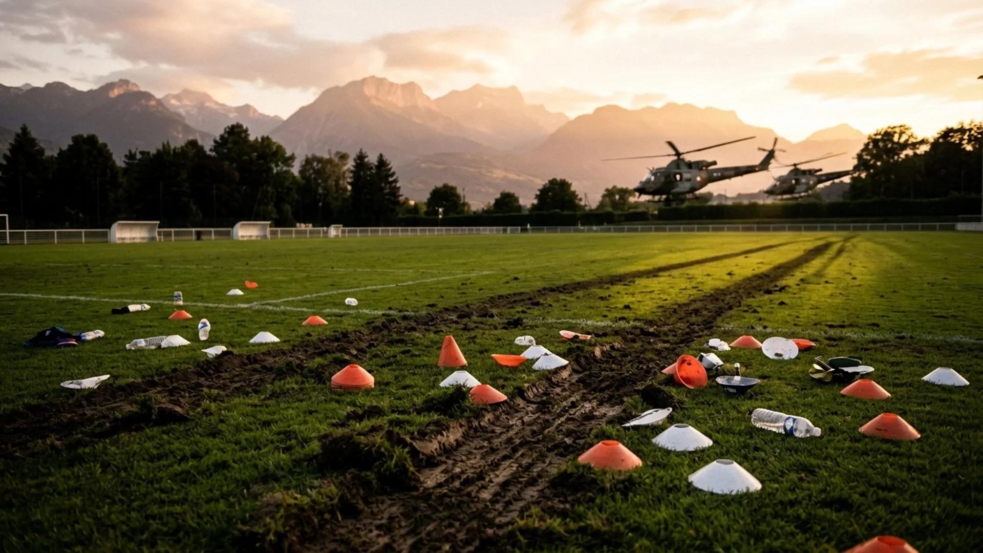 En fotballbane ødelagt av helikopterlandinger, med fjell i bakgrunnen og varmt lys fra solnedgangen.