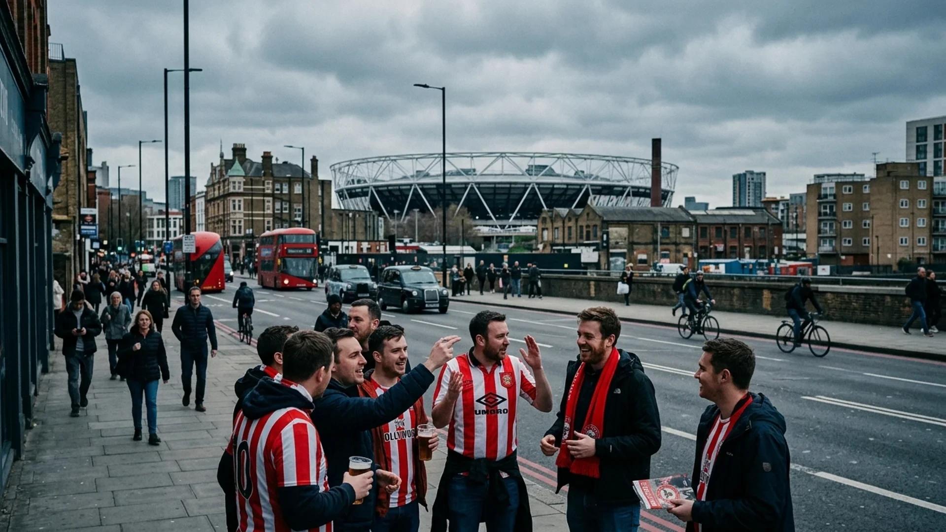 Brentford fans discussing transfer news in front of the London Stadium.