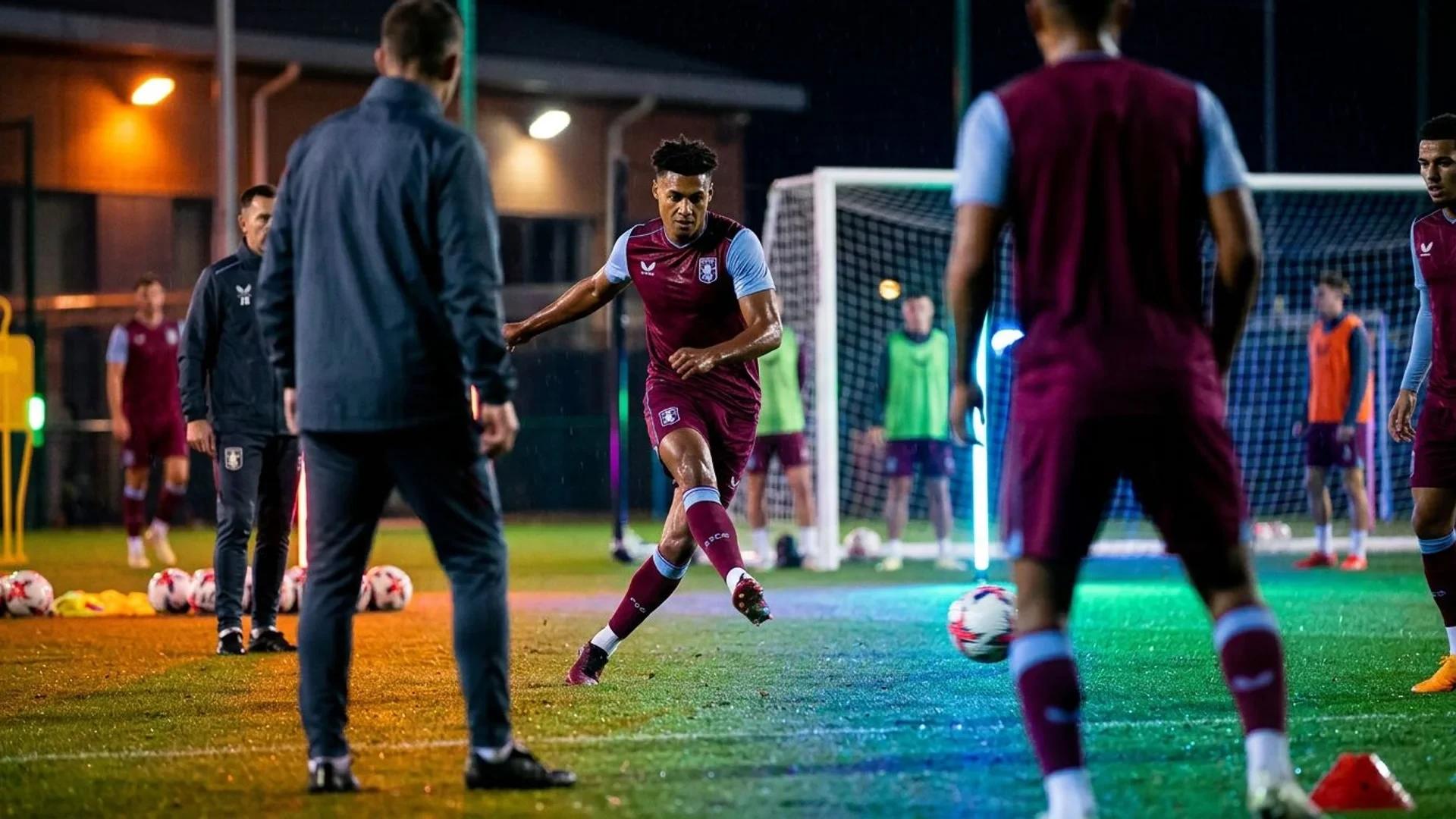 Ollie Watkins striking a football in a training facility under neon lights.