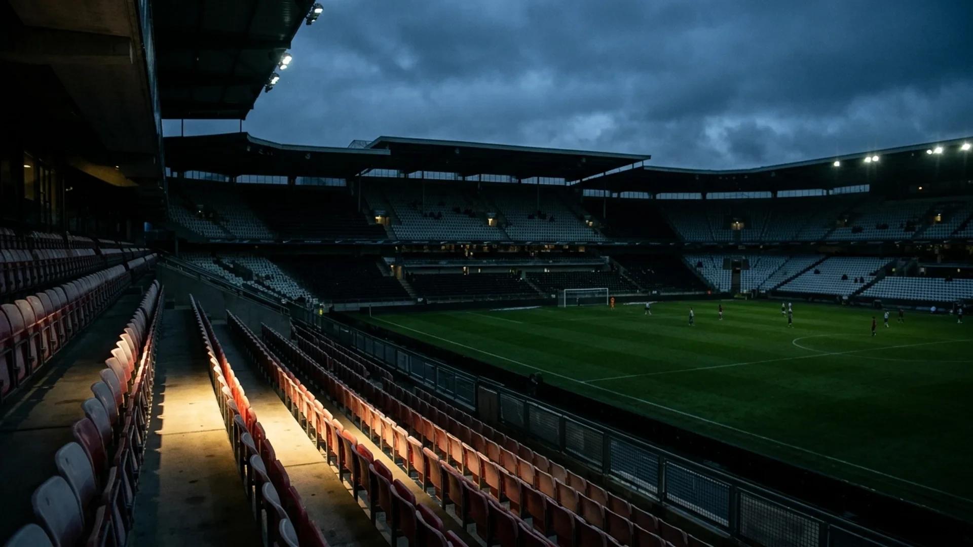 A wide shot of an empty stadium with illuminated seats amidst the shadows.
