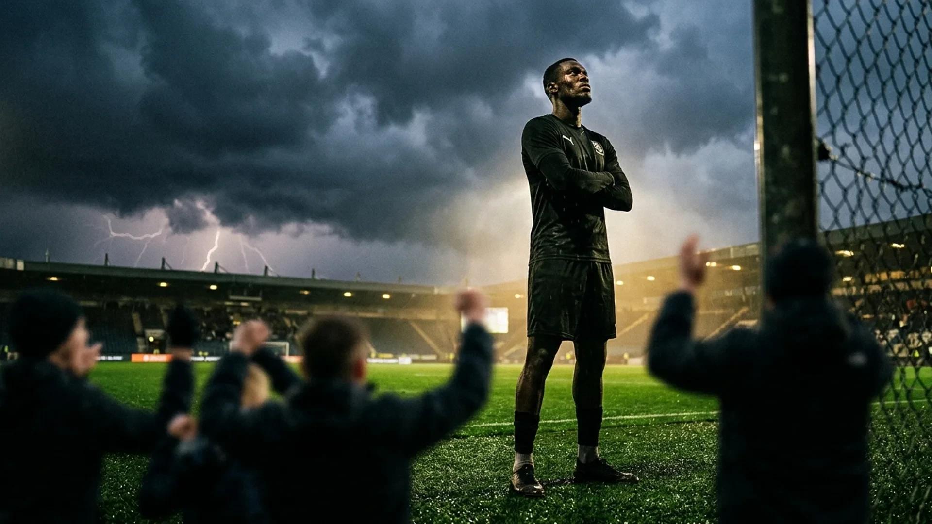 En fotballspiller poserer i silhuett mot mørke skyer.