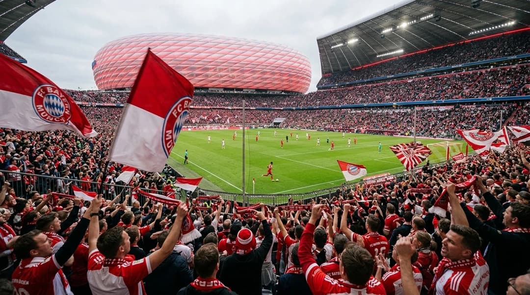 A wide shot of Allianz Arena filled with enthusiastic fans during a Bayern Munich match.
