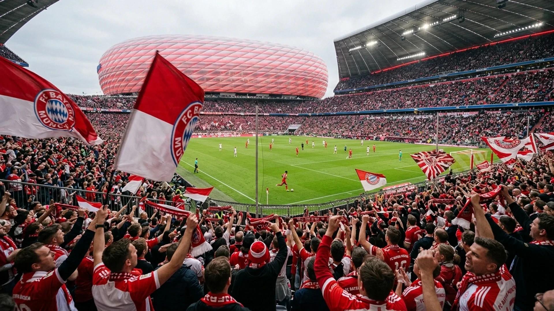 A wide shot of Allianz Arena filled with enthusiastic fans during a Bayern Munich match.