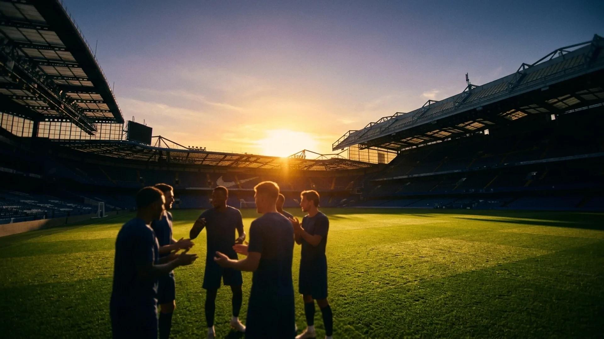 Silhouettes of Chelsea players in front of Stamford Bridge during golden hour.