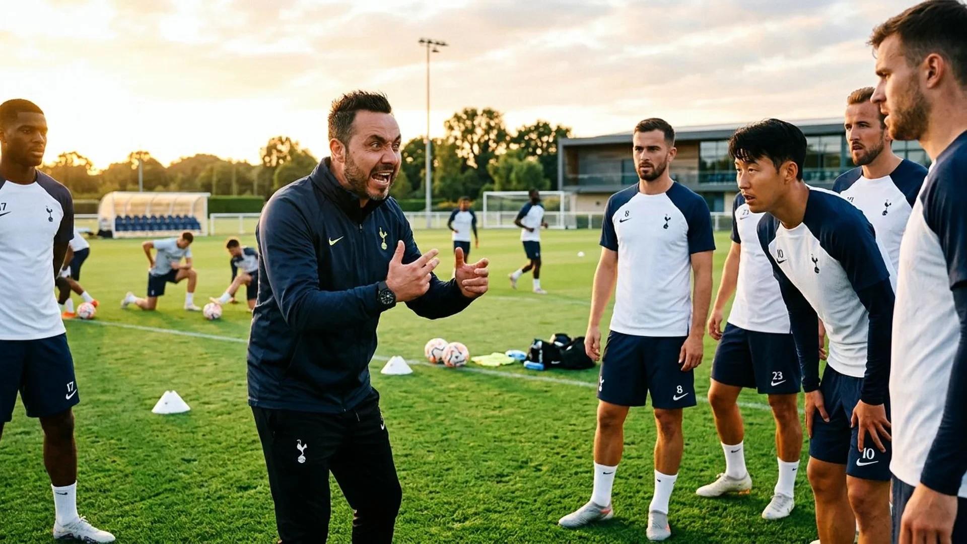 Roberto De Zerbi passionately communicating with Tottenham players during training.