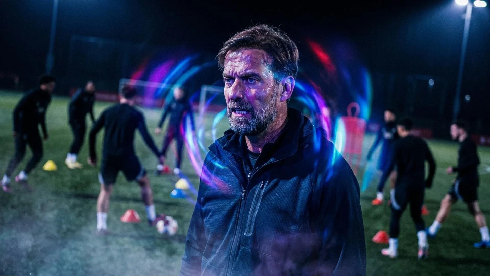 Jürgen Klopp stands in a dimly lit training ground, illuminated by swirling neon lights.
