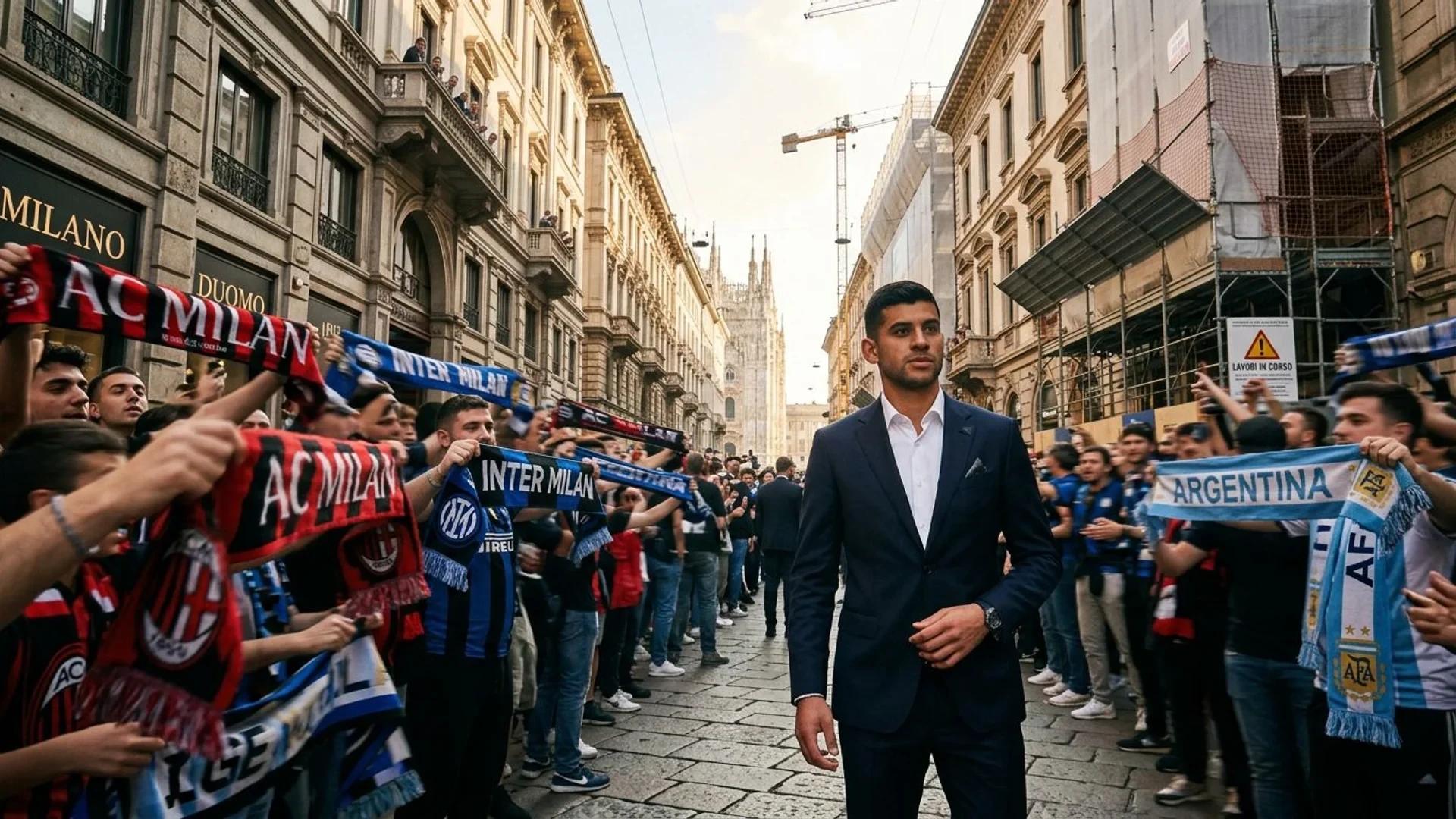 Cristian Romero stands confidently in Milan, surrounded by excited fans.