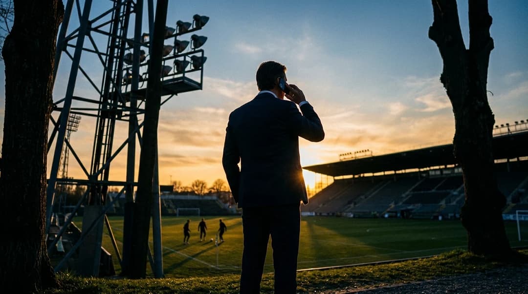 A football executive silhouetted against a golden sunset, engaged in a phone call, with layered trees in the foreground.