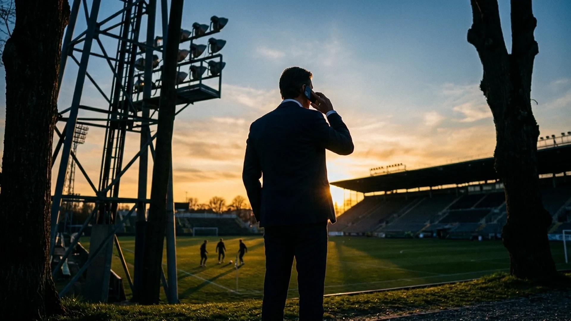 A football executive silhouetted against a golden sunset, engaged in a phone call, with layered trees in the foreground.