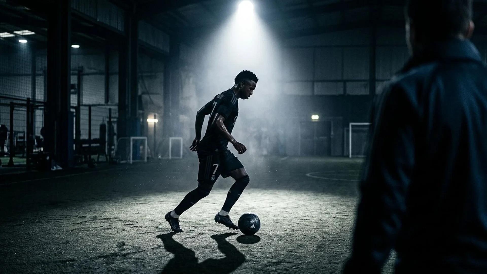 Vinícius Jr. practicing in a spotlight at a training facility.