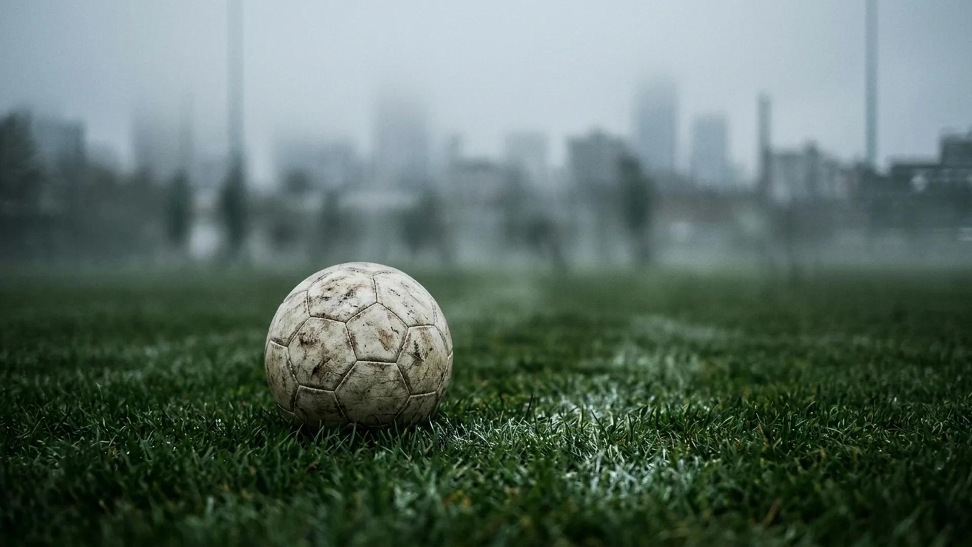 A close-up of a football resting on a damp pitch with a foggy skyline in the background.