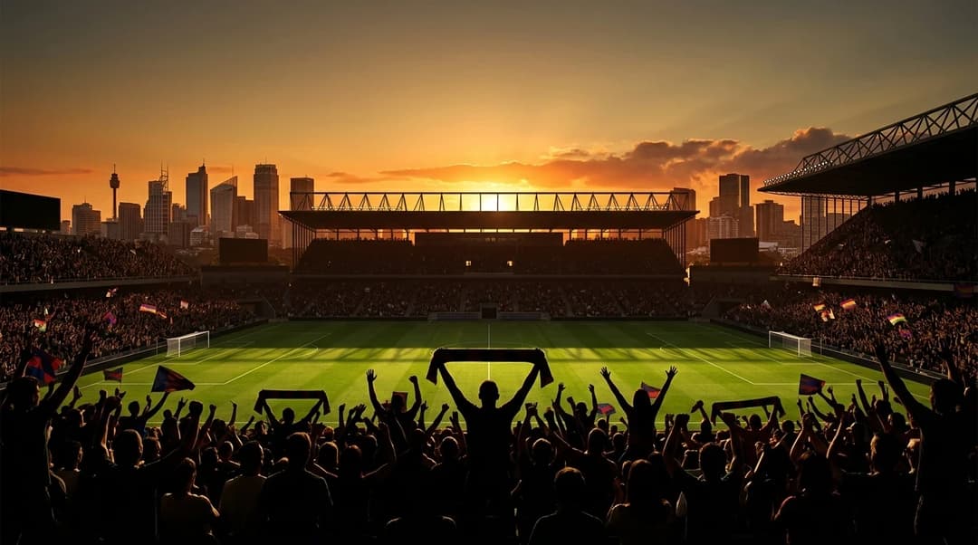 A wide shot of a football stadium during sunset, filled with cheering fans.