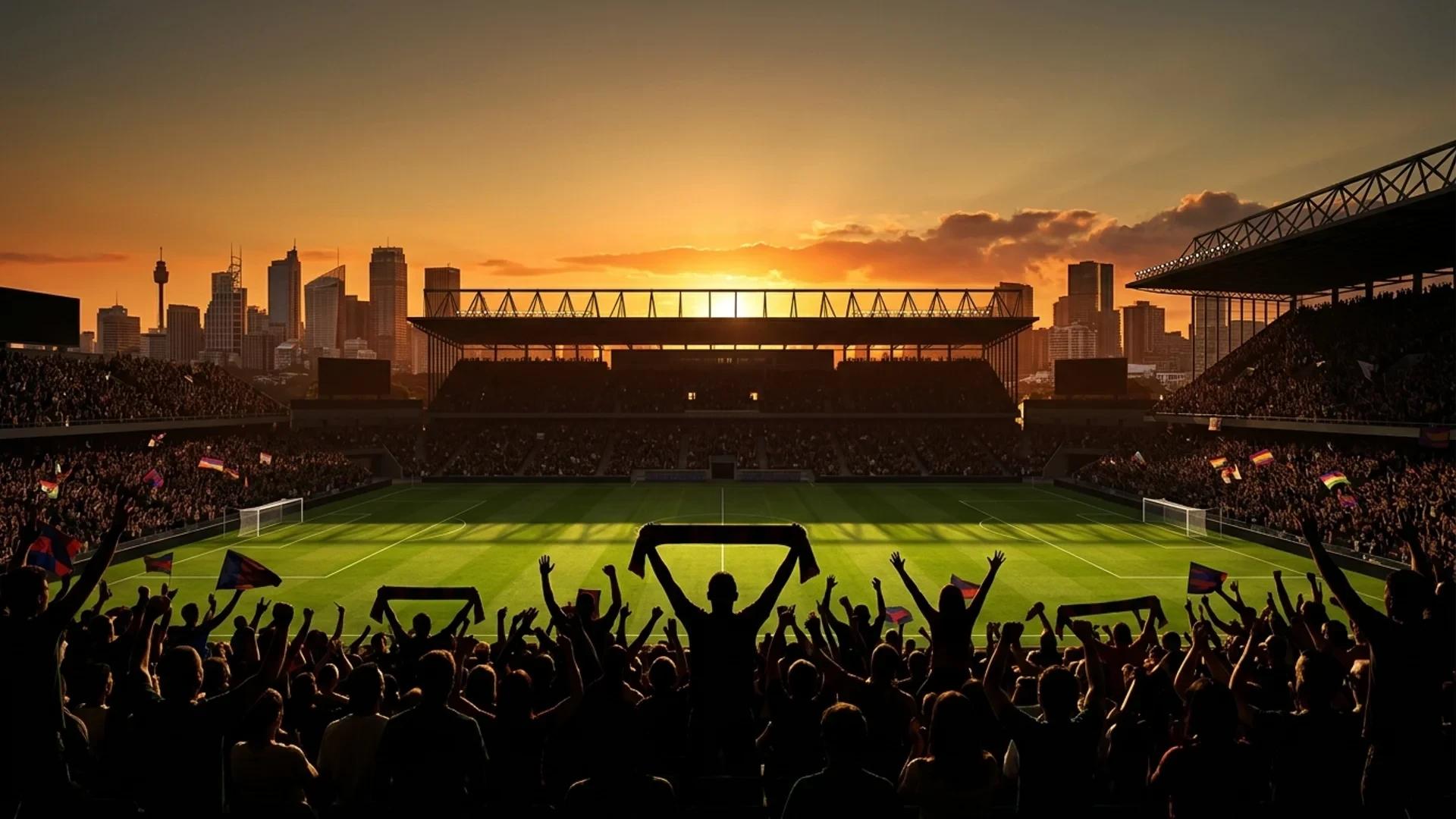 A wide shot of a football stadium during sunset, filled with cheering fans.