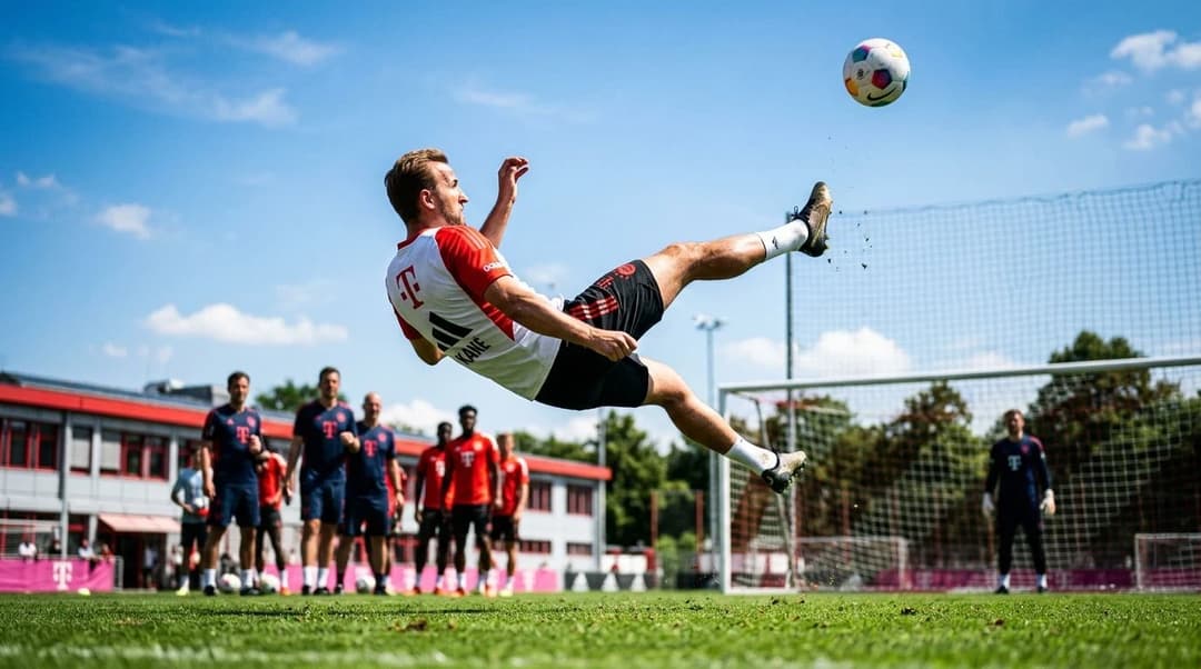 Harry Kane performing an overhead kick in a football training session under harsh midday sunlight.