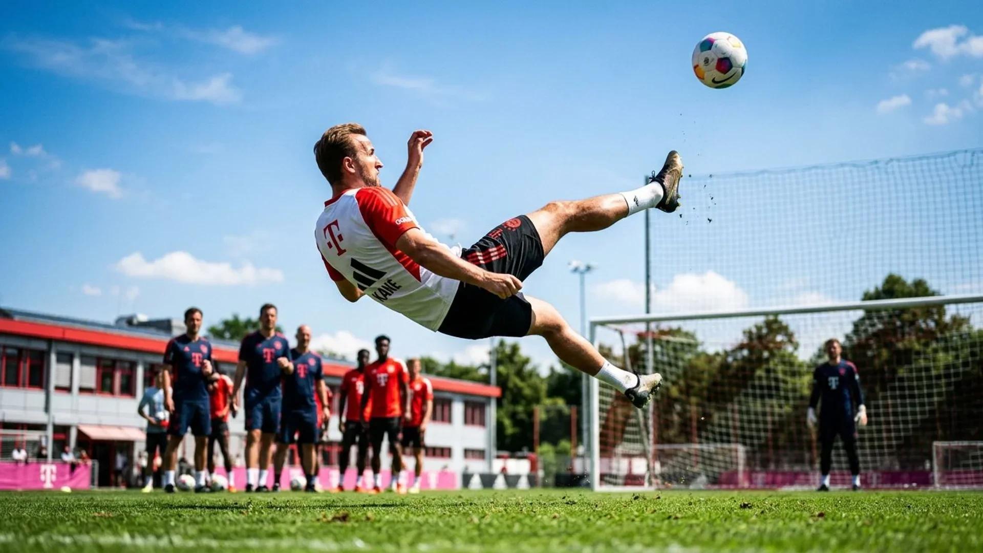 Harry Kane performing an overhead kick in a football training session under harsh midday sunlight.