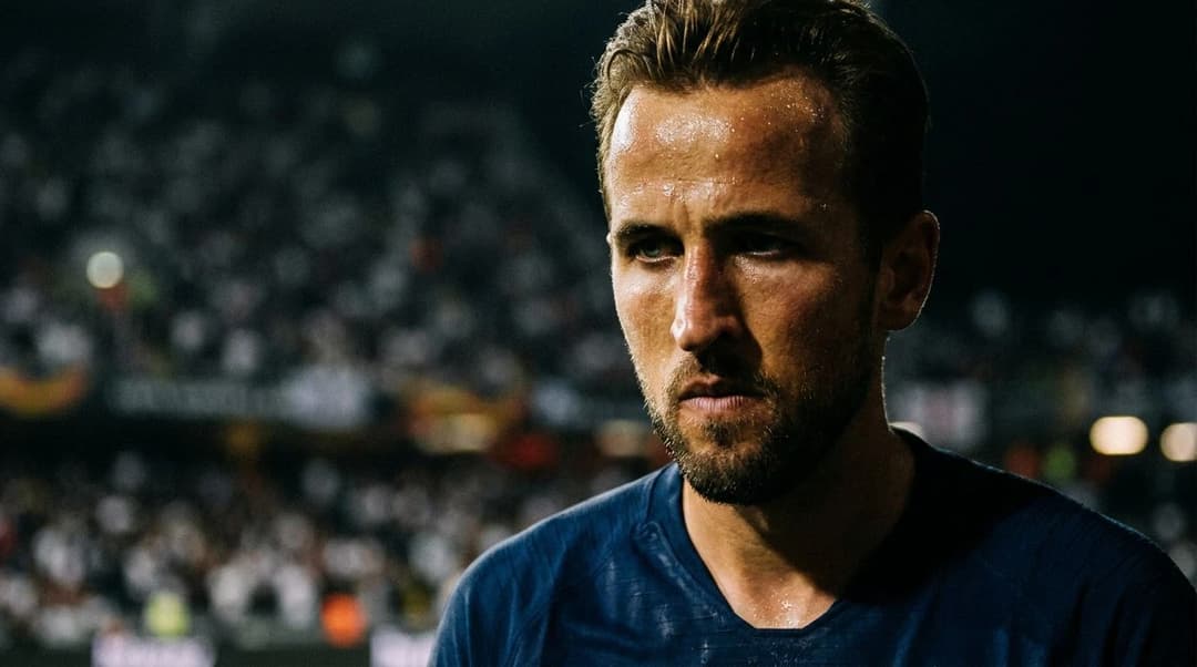 A close-up of Harry Kane's expressive face, illuminated by a spotlight in a dark setting.