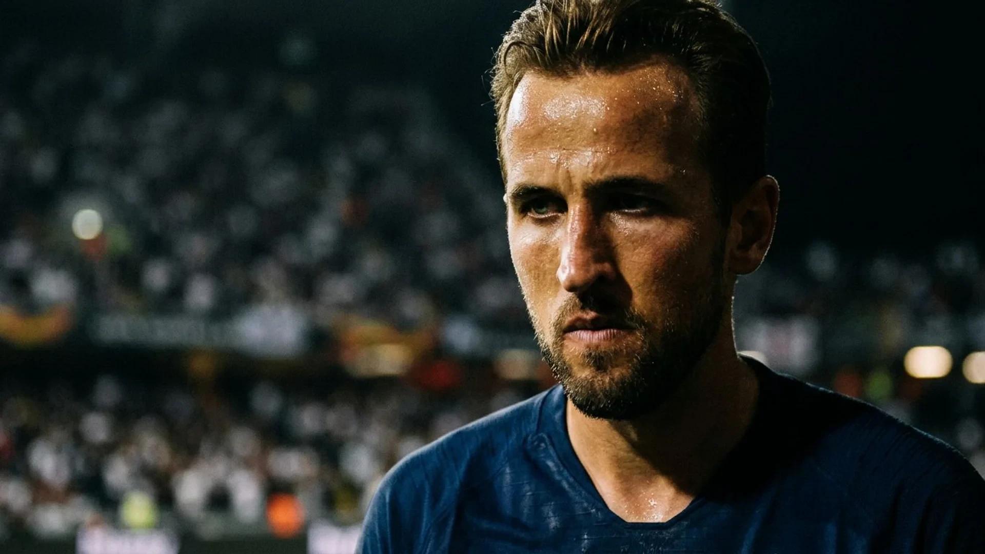A close-up of Harry Kane's expressive face, illuminated by a spotlight in a dark setting.