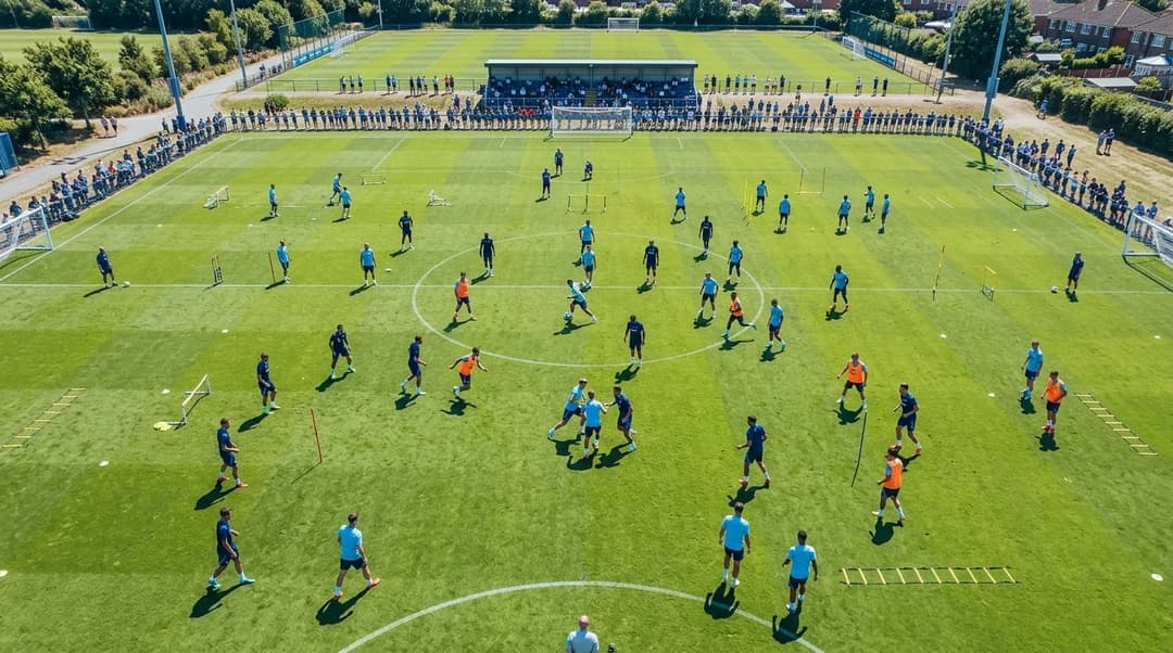 A bird's-eye view of Schalke 04 training grounds, depicting players during a pre-season training session.