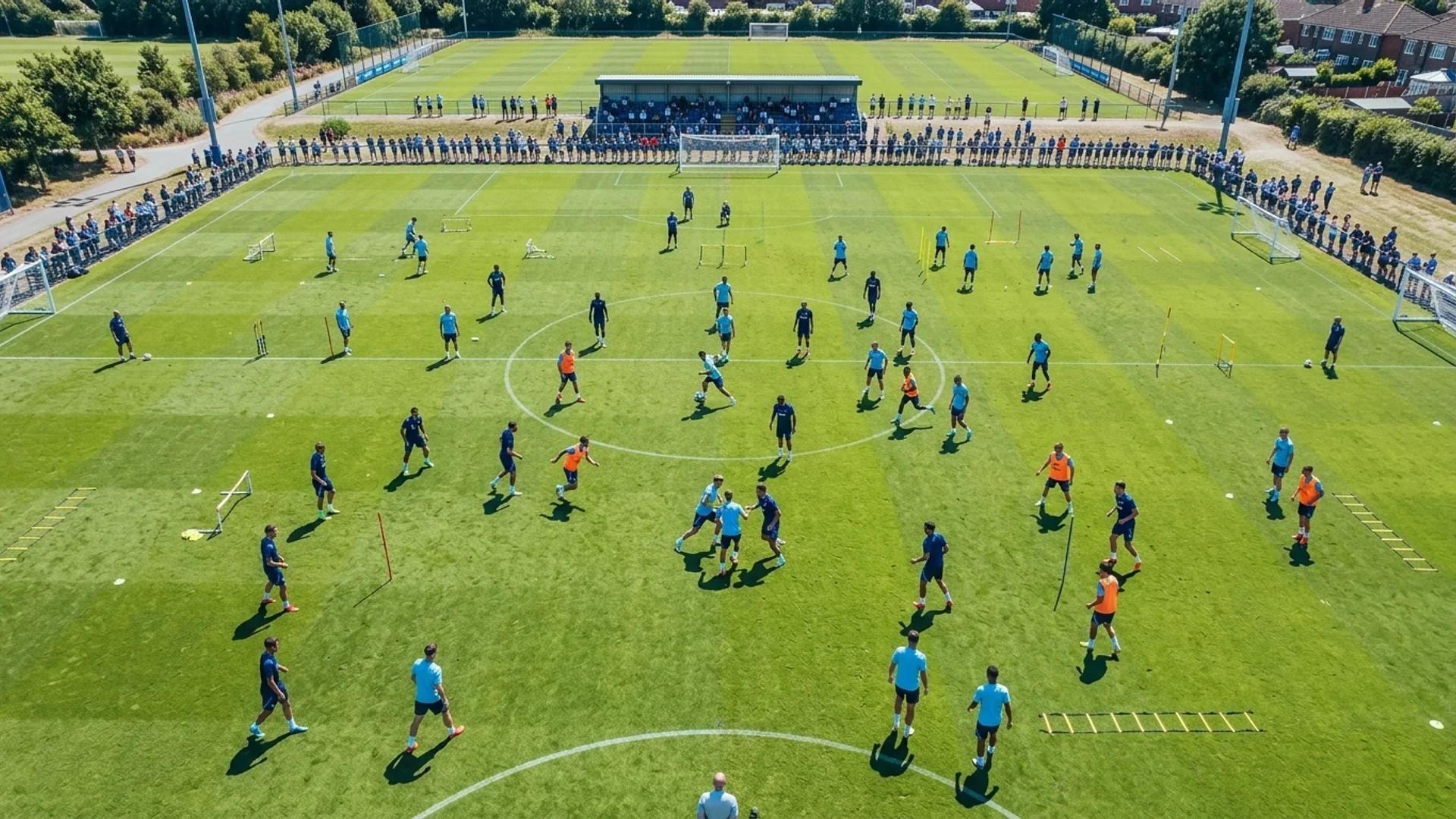 A bird's-eye view of Schalke 04 training grounds, depicting players during a pre-season training session.