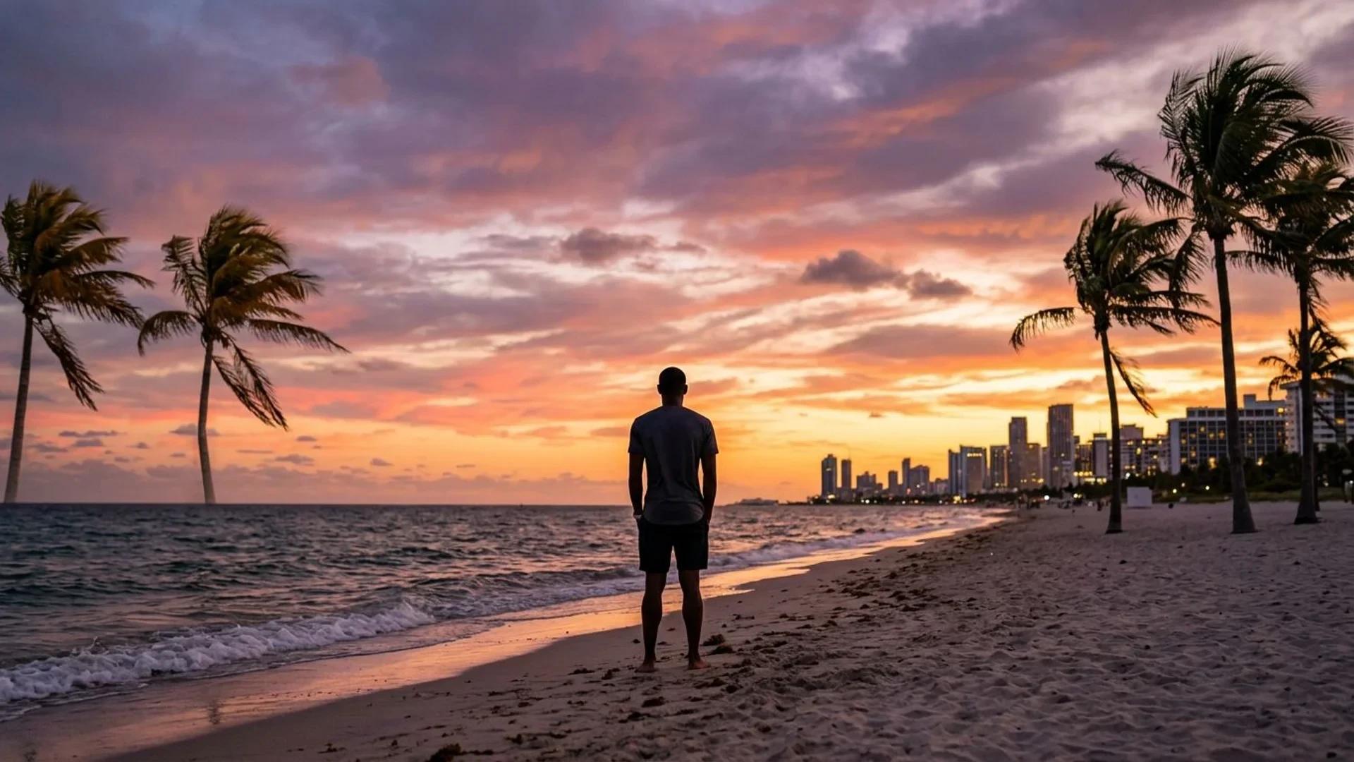En fotballspiller står på en strand under solnedgang med en by i bakgrunnen.
