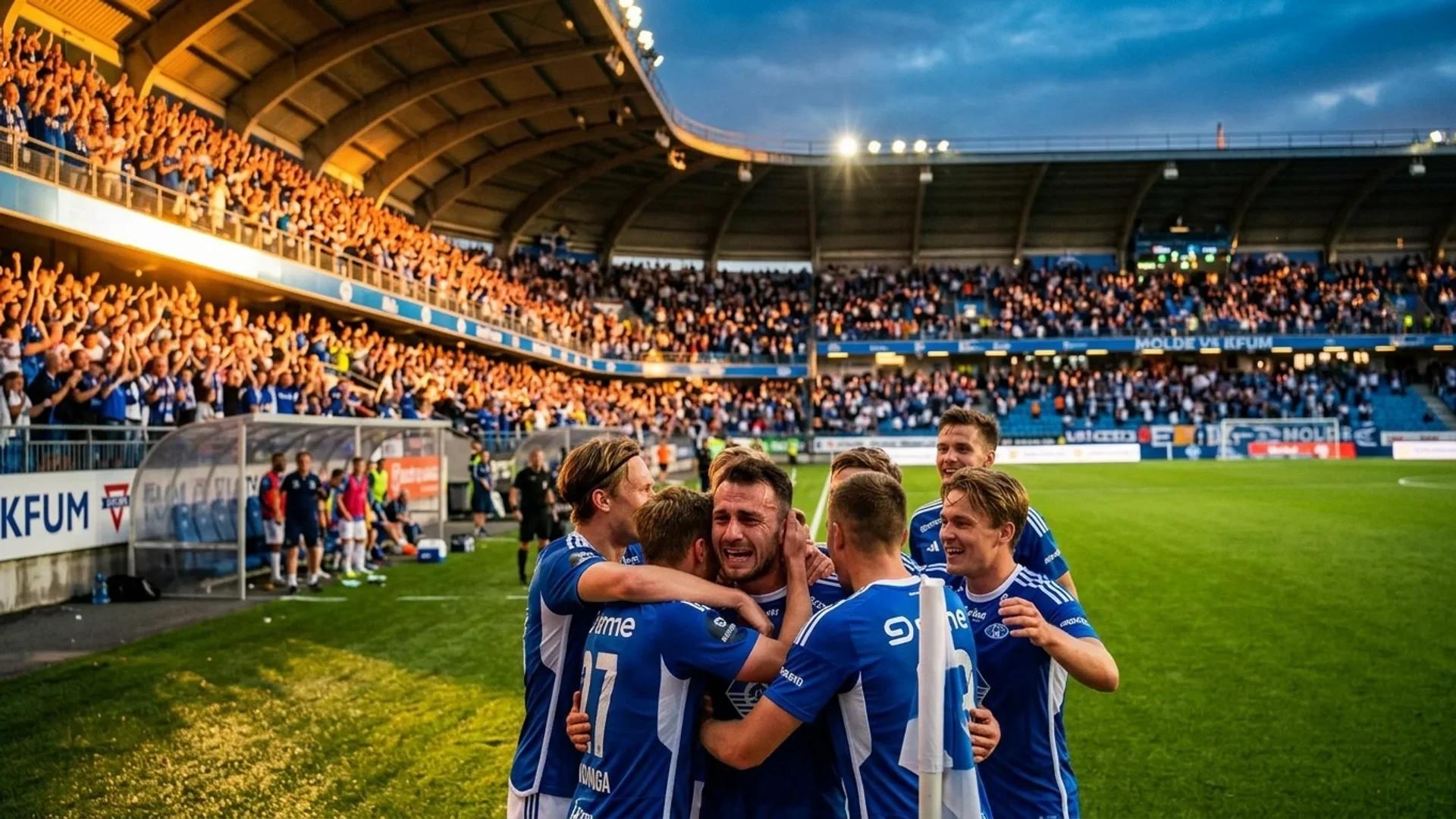 Fotballspillere feirer med intense følelser etter å ha scoret mål i et spennende øyeblikk under kampen mellom Molde og KFUM.