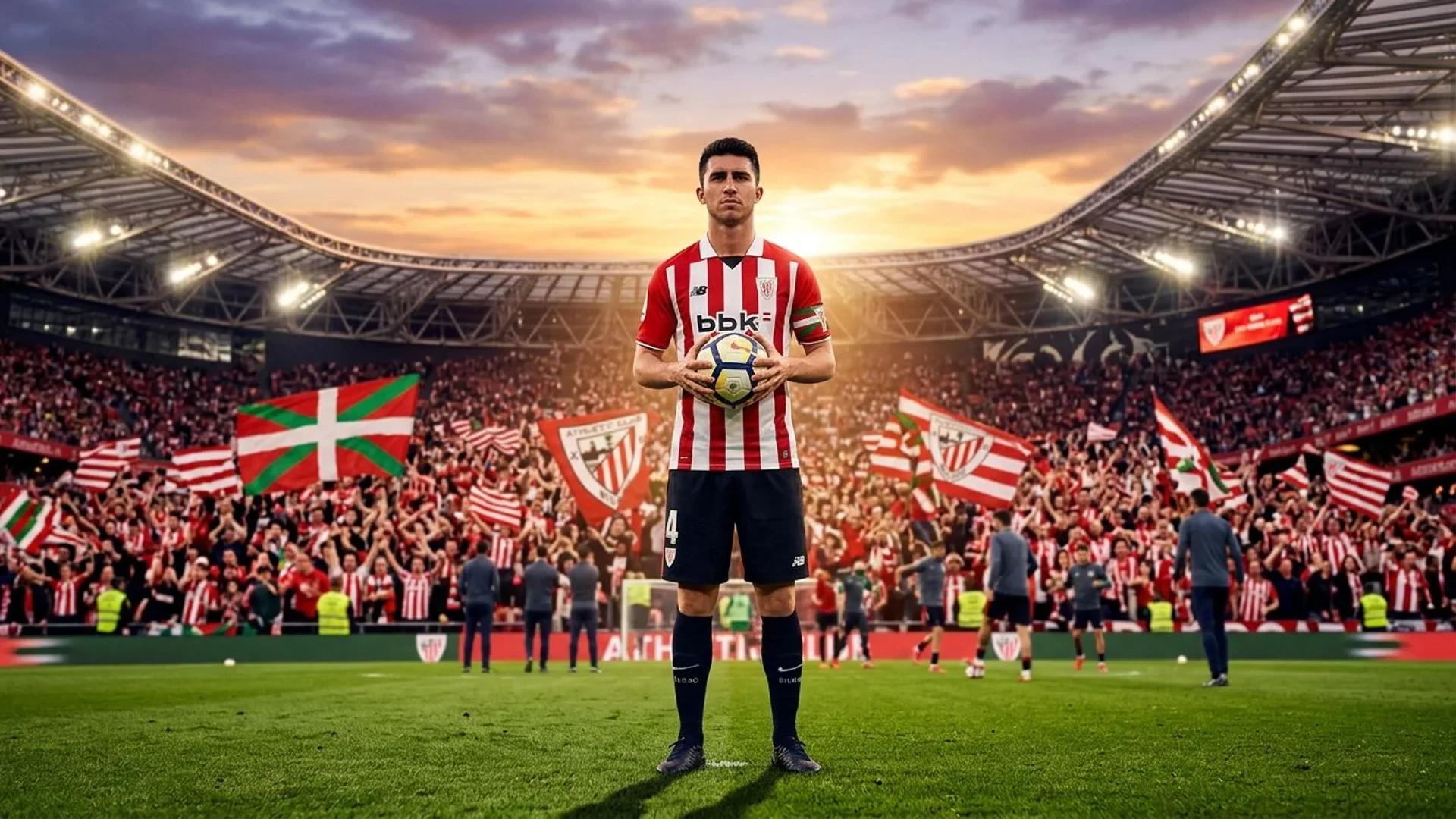 Aymeric Laporte stands in a stadium with fans in the background, holding a soccer ball.