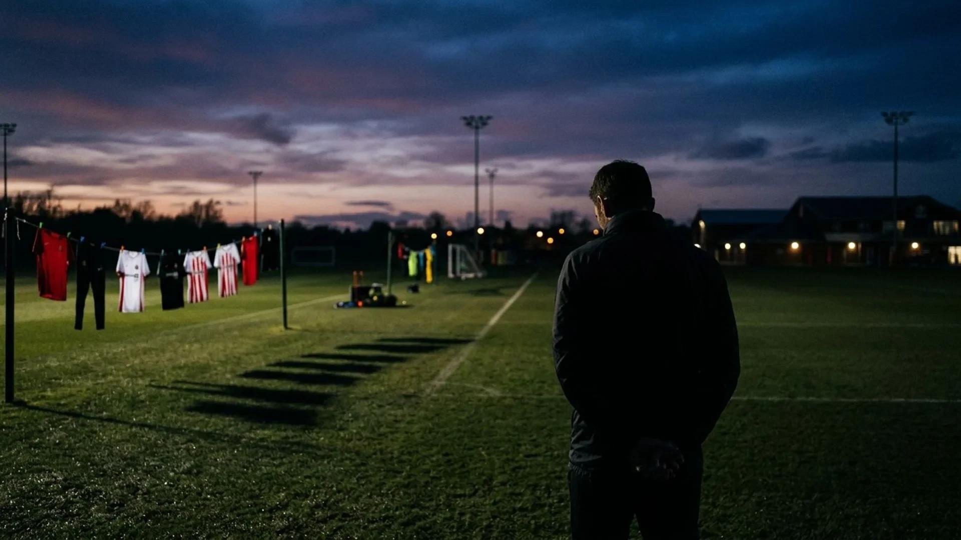 En pensive Sunderland-manager står med ryggen til med en uklar treningsbane i bakgrunnen.