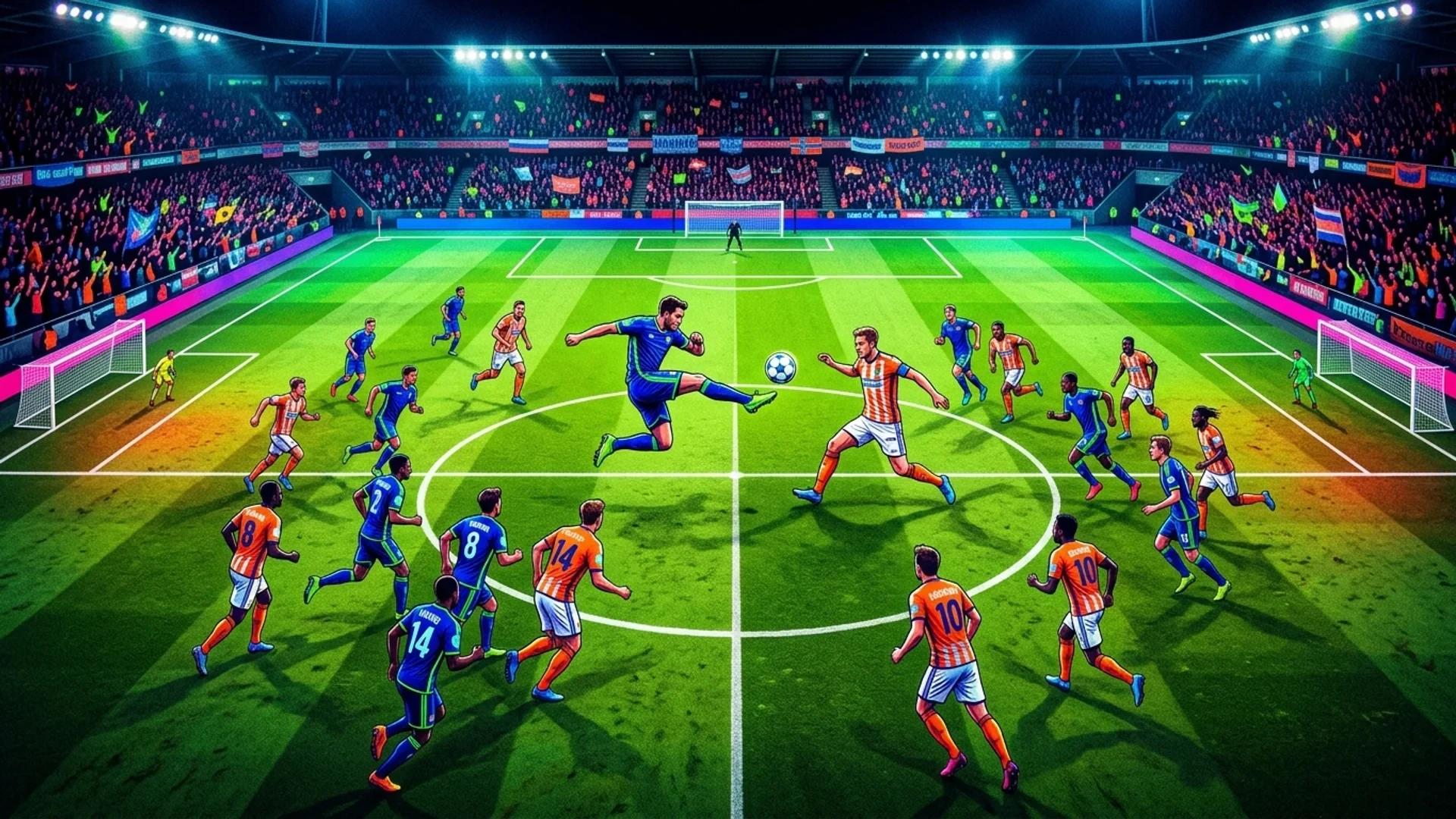 Bird's-eye view of a soccer match showing players engaged in action.