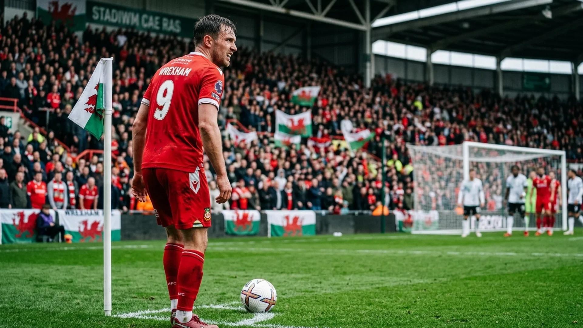 A determined Wrexham player preparing for a corner kick in a packed stadium.