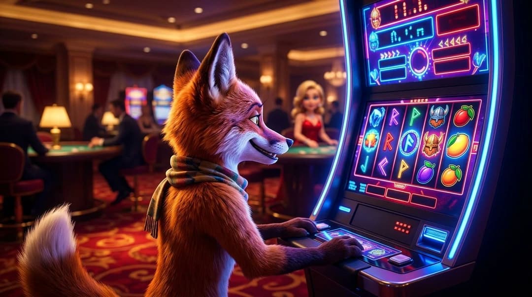 An animated fox mascot observing a colorful slot machine in a casino.
