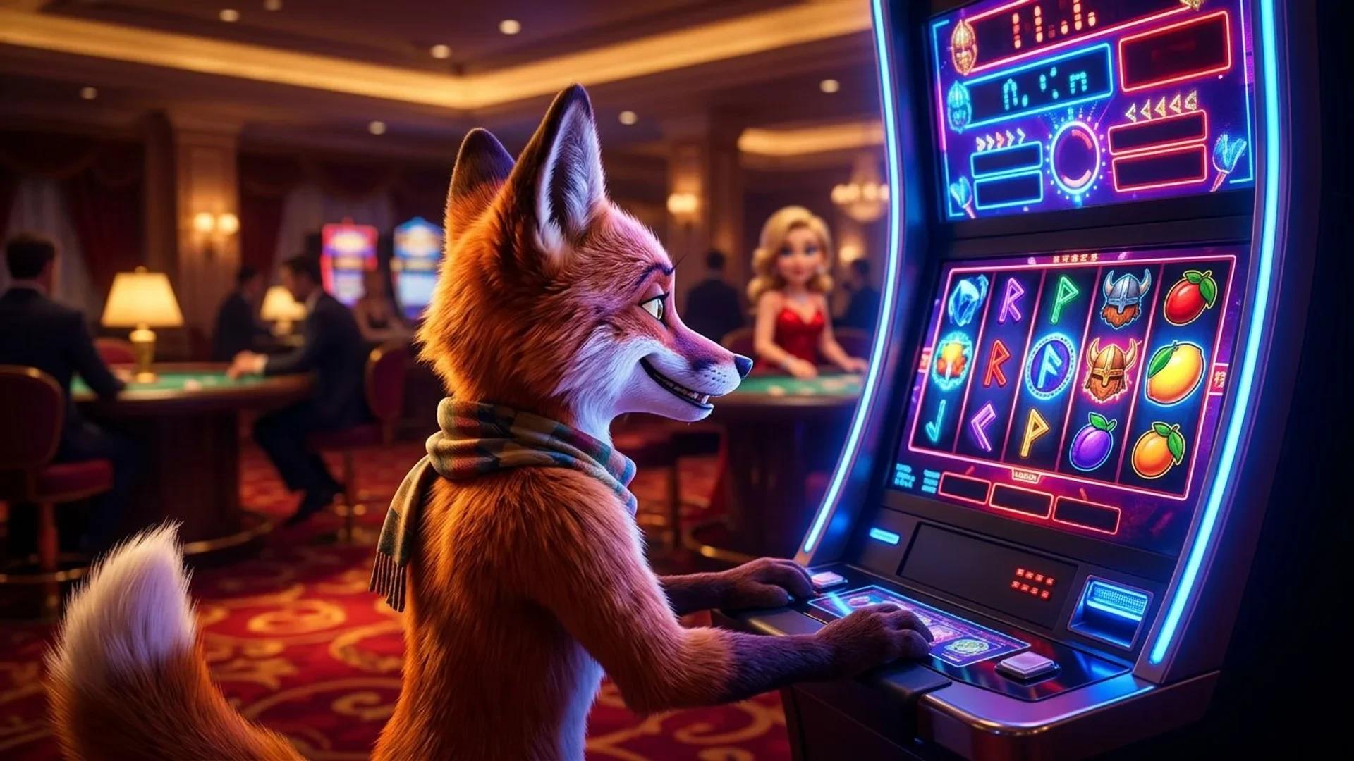 An animated fox mascot observing a colorful slot machine in a casino.
