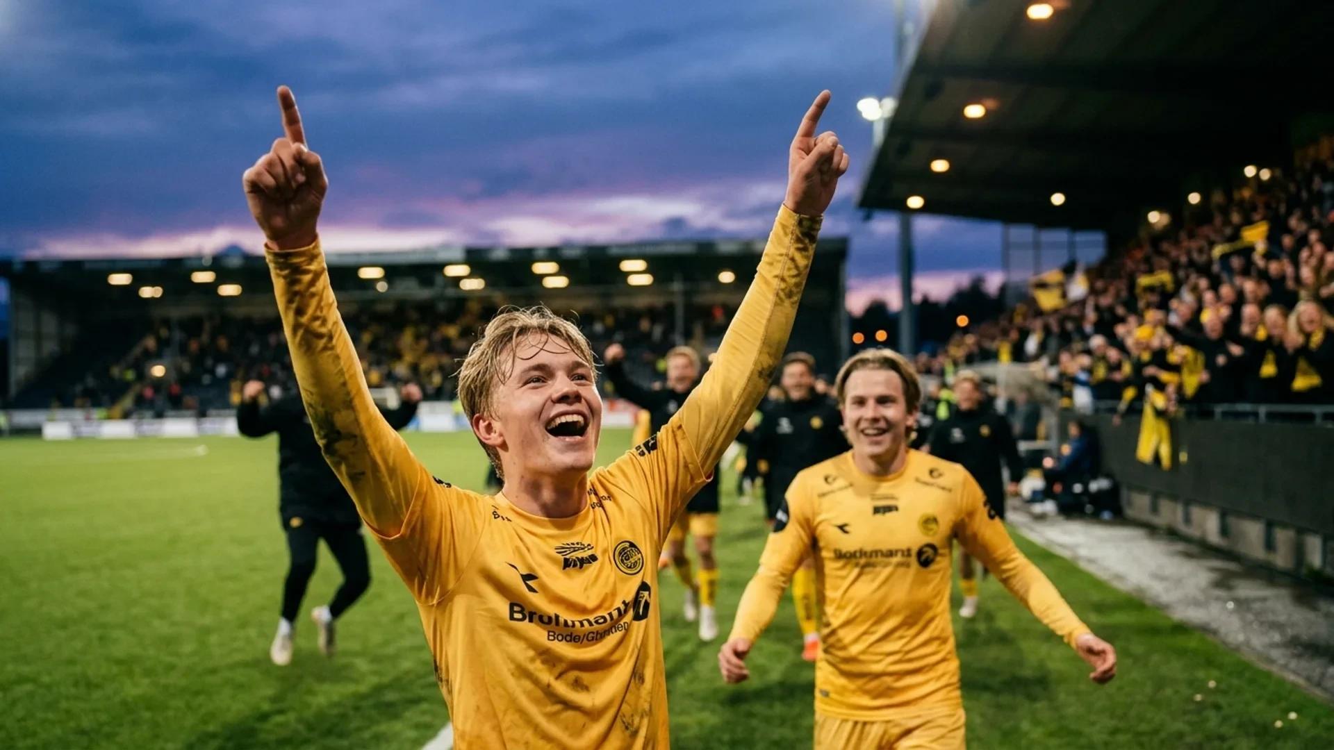 Mikkel Bro Hansen jubler etter å ha scoret mål i skumringen.