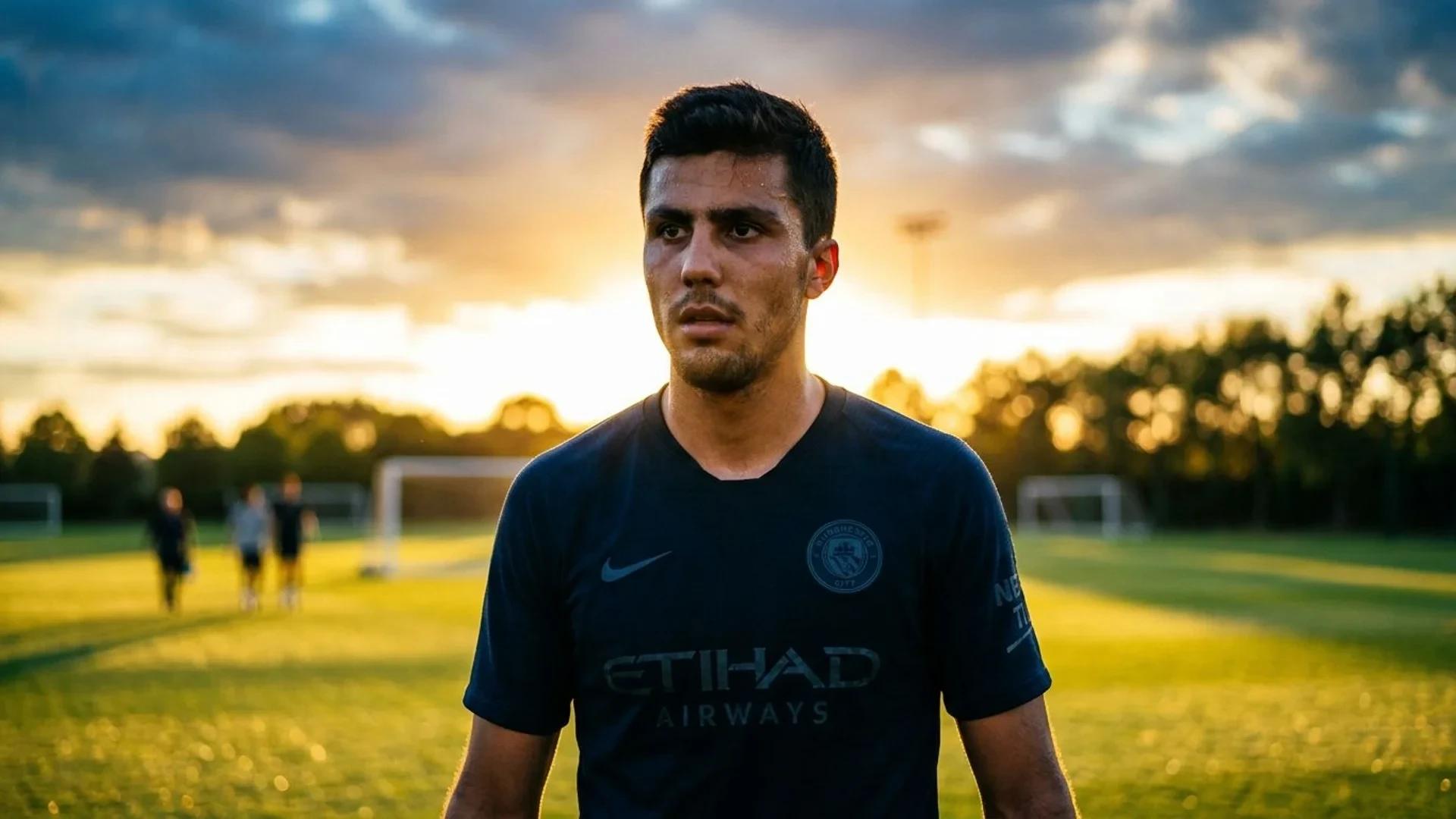 En ung fotballspiller, Rodri, fanget i et nært bilde med solnedgang som bakgrunn.