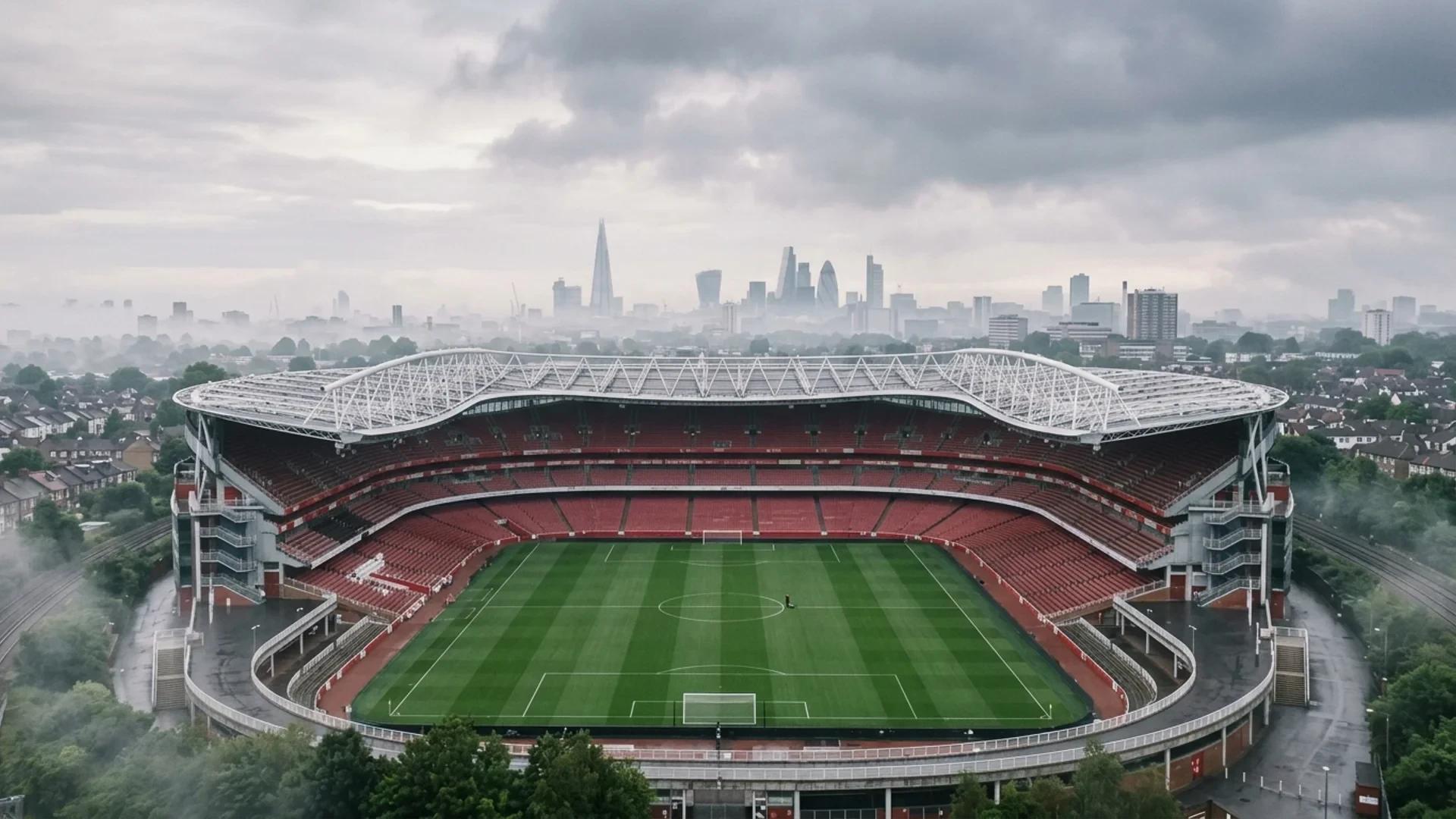 A wide shot of the Emirates Stadium under an overcast sky, illustrating a sense of anticipation.