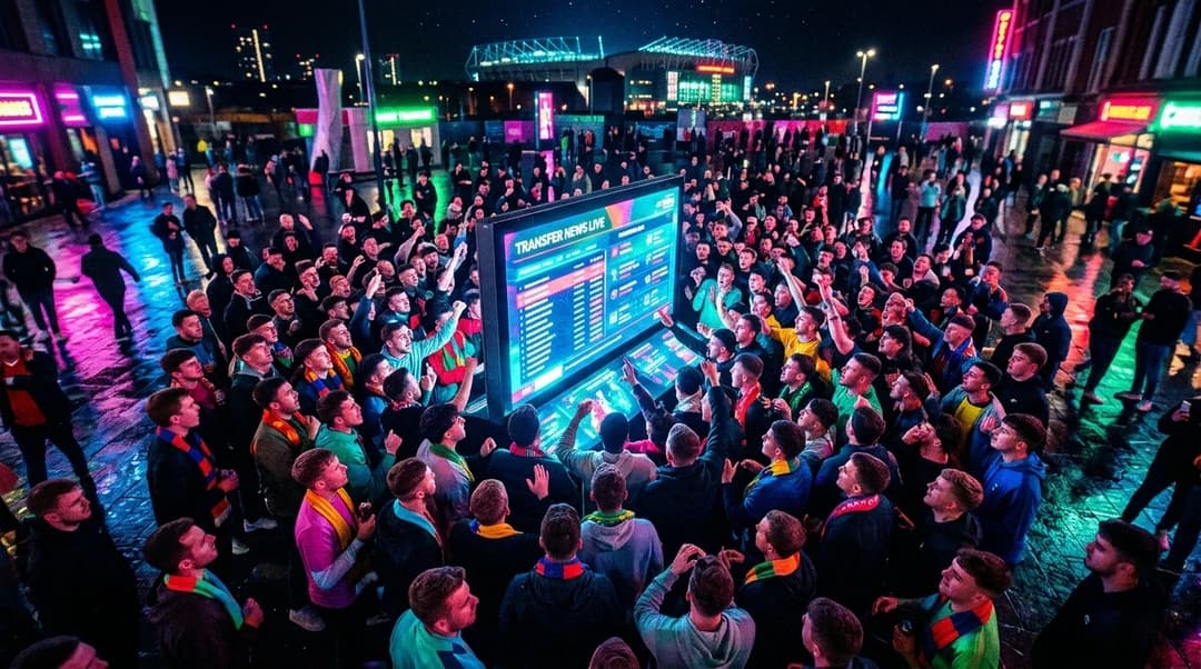 A bird's-eye view of a vibrant city square filled with football fans illuminated by neon lights, gathered around a glowing interactive screen.