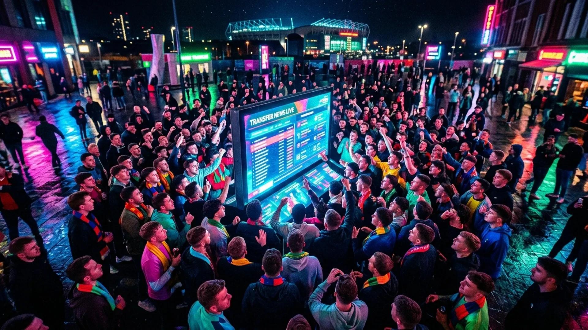 A bird's-eye view of a vibrant city square filled with football fans illuminated by neon lights, gathered around a glowing interactive screen.