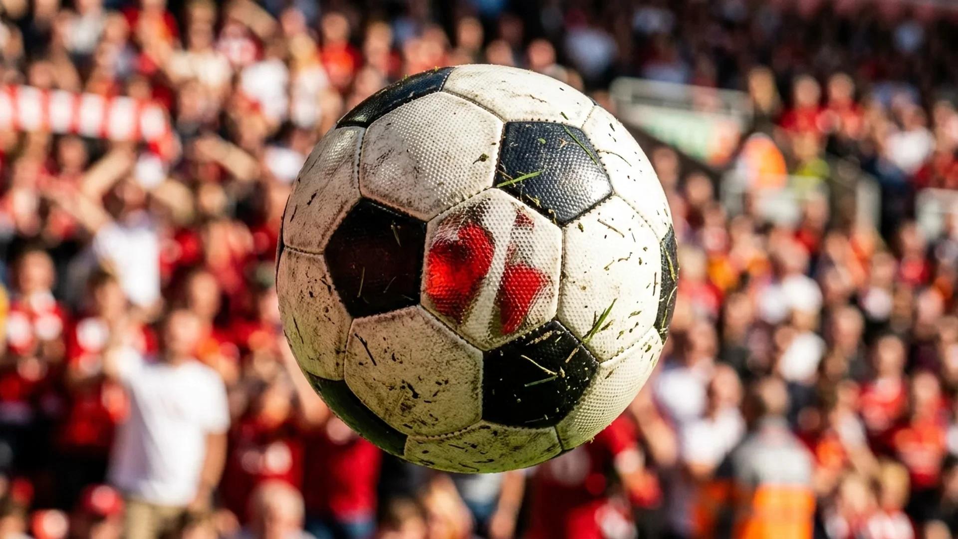 Extreme close-up of a soccer ball in mid-air during a daylight match.