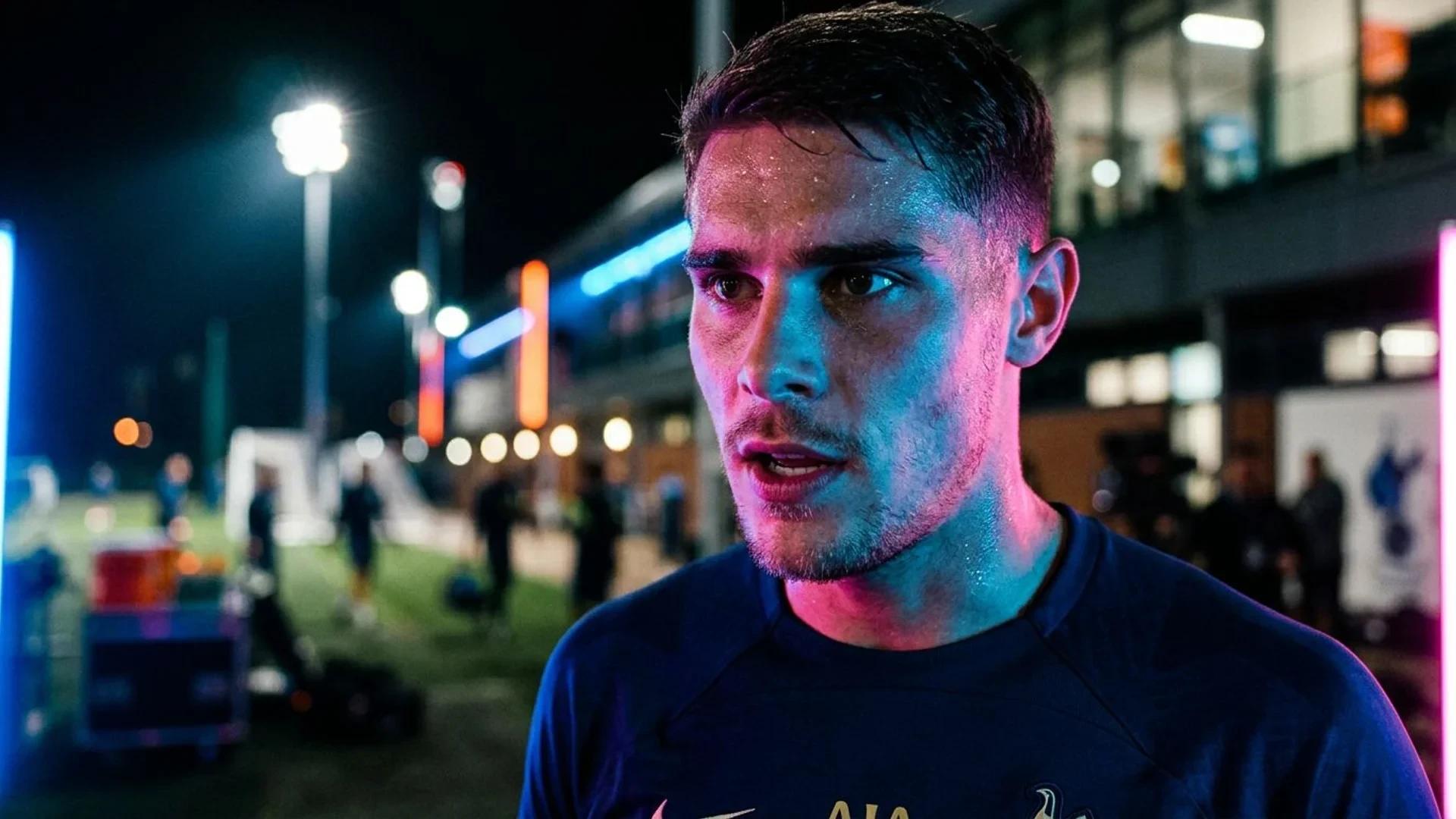Close-up portrait of football player Micky van de Ven with dramatic neon lighting.