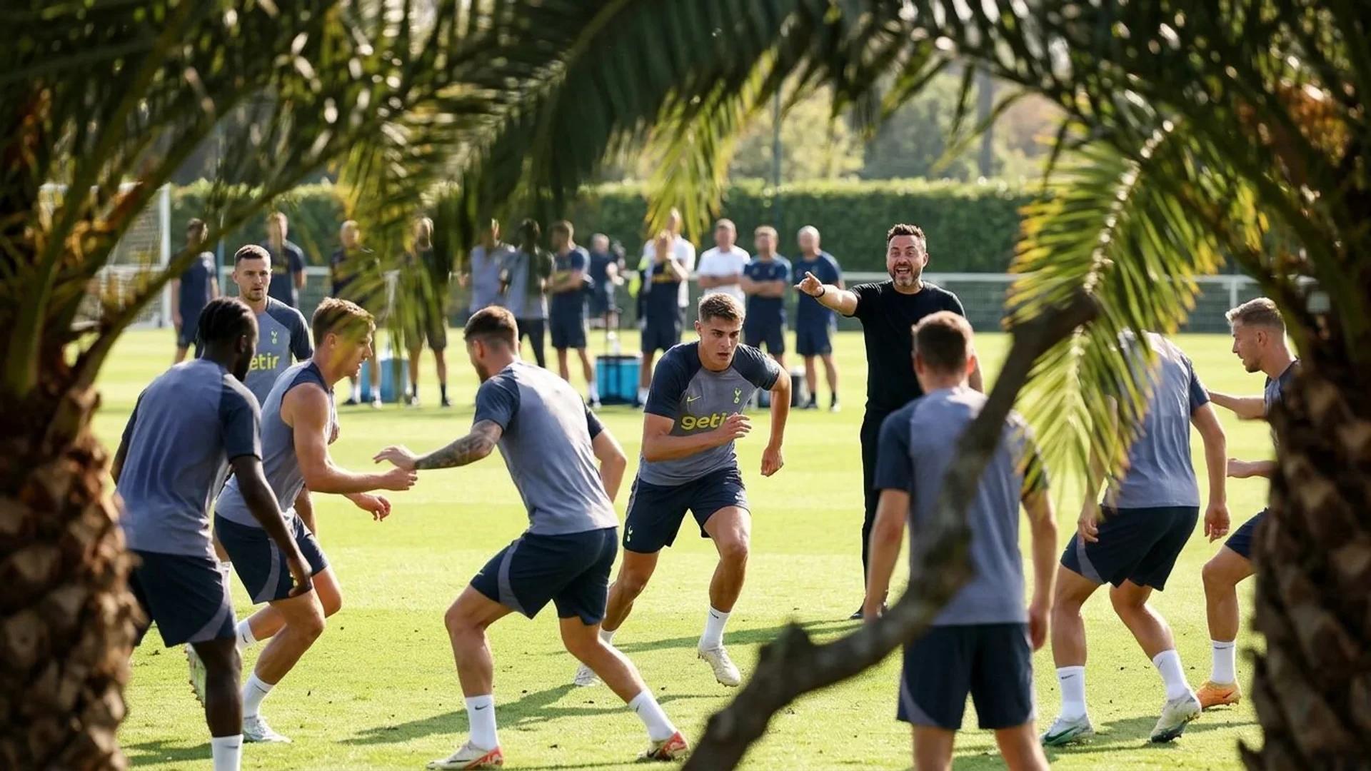 Tottenham Hotspur players are training, with Roberto De Zerbi directing from the back.