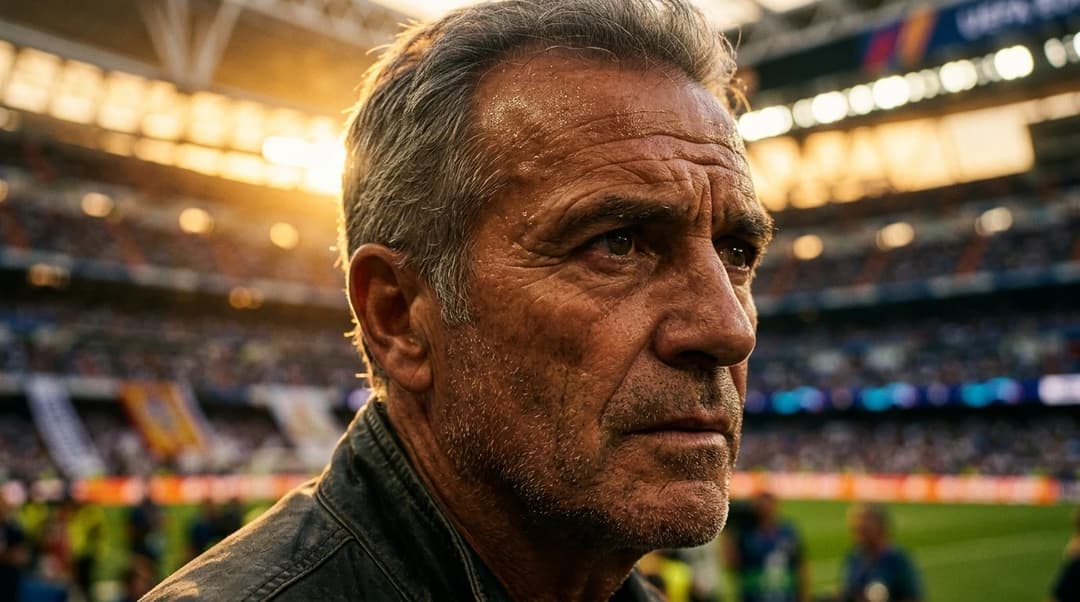 Extreme close-up of a football scout's contemplative face during golden hour.