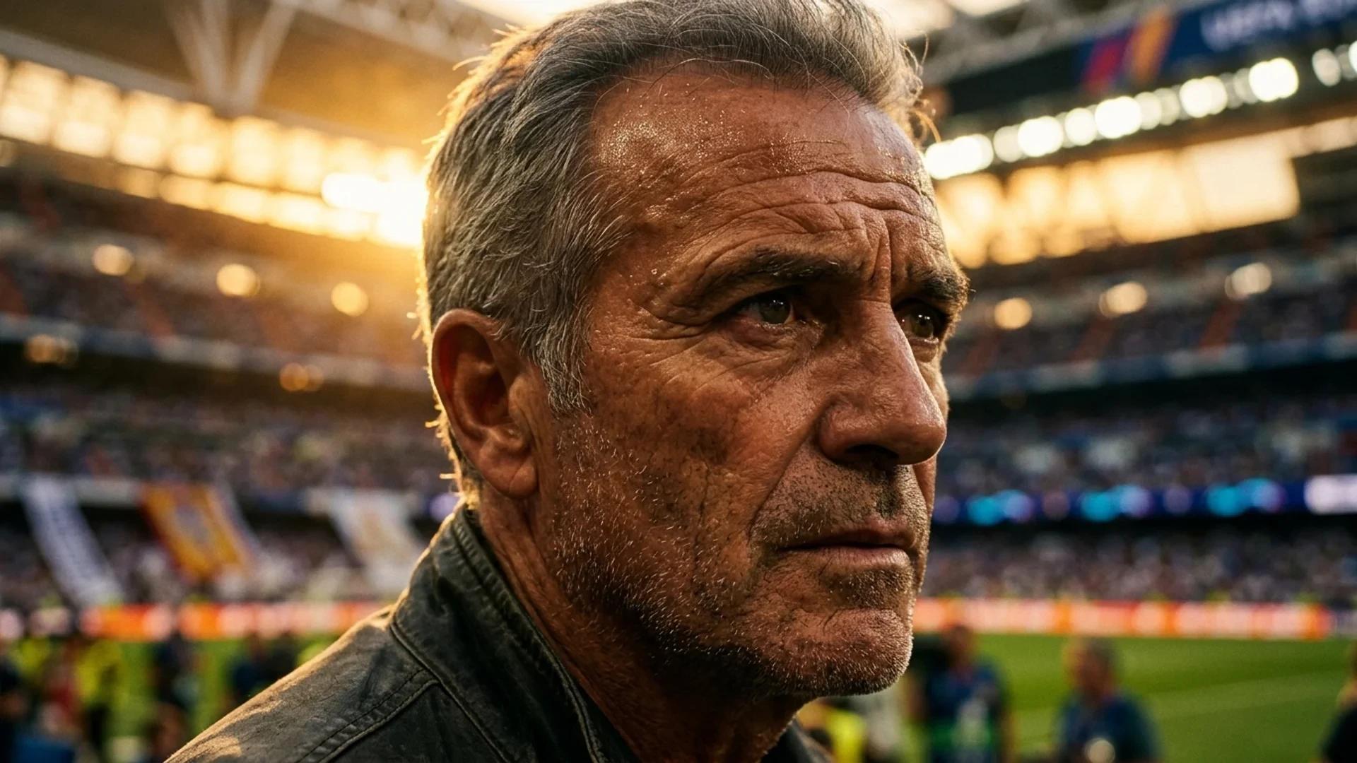 Extreme close-up of a football scout's contemplative face during golden hour.