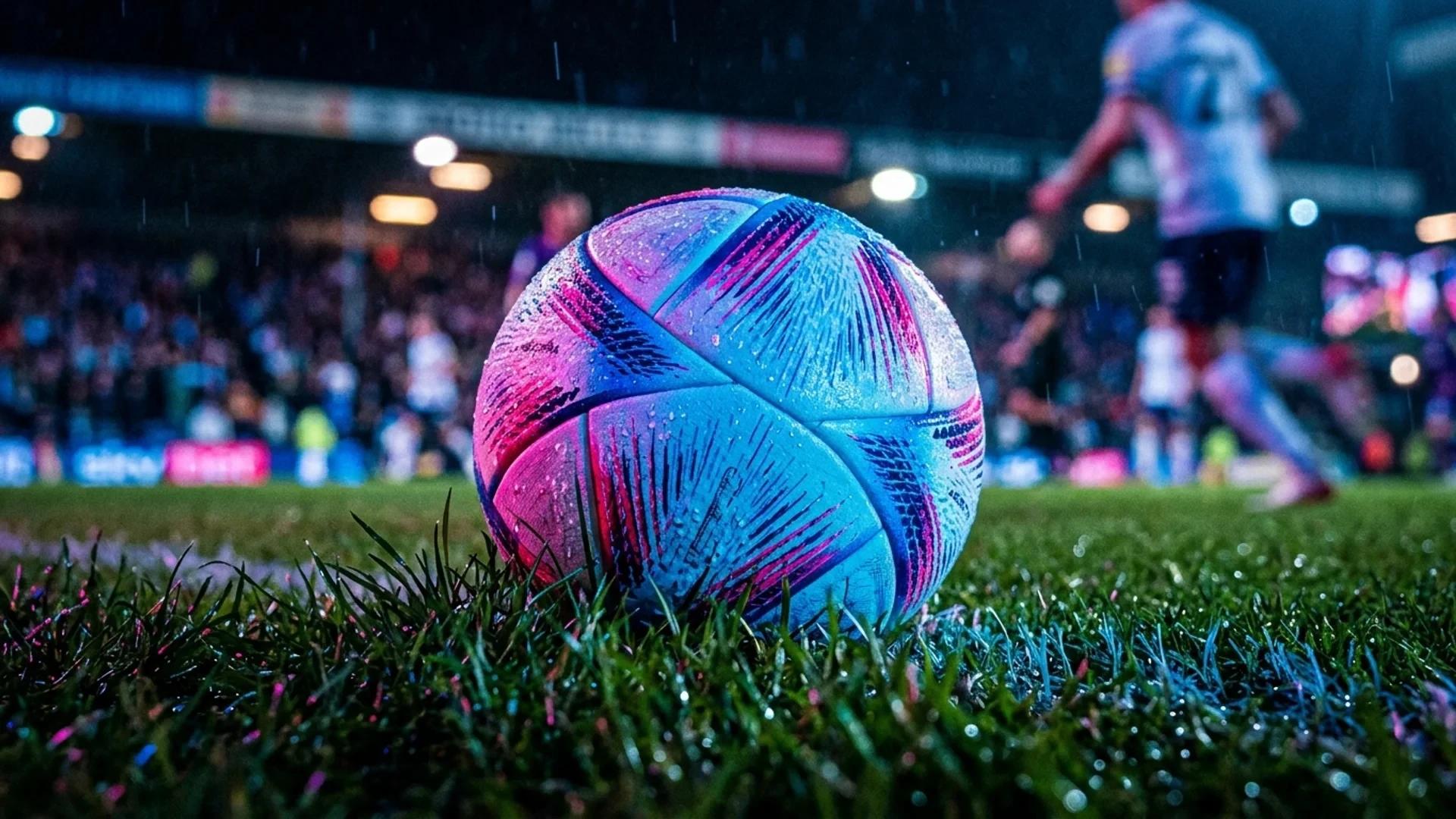 Extreme close-up of a neon-lit soccer ball on a grass pitch.