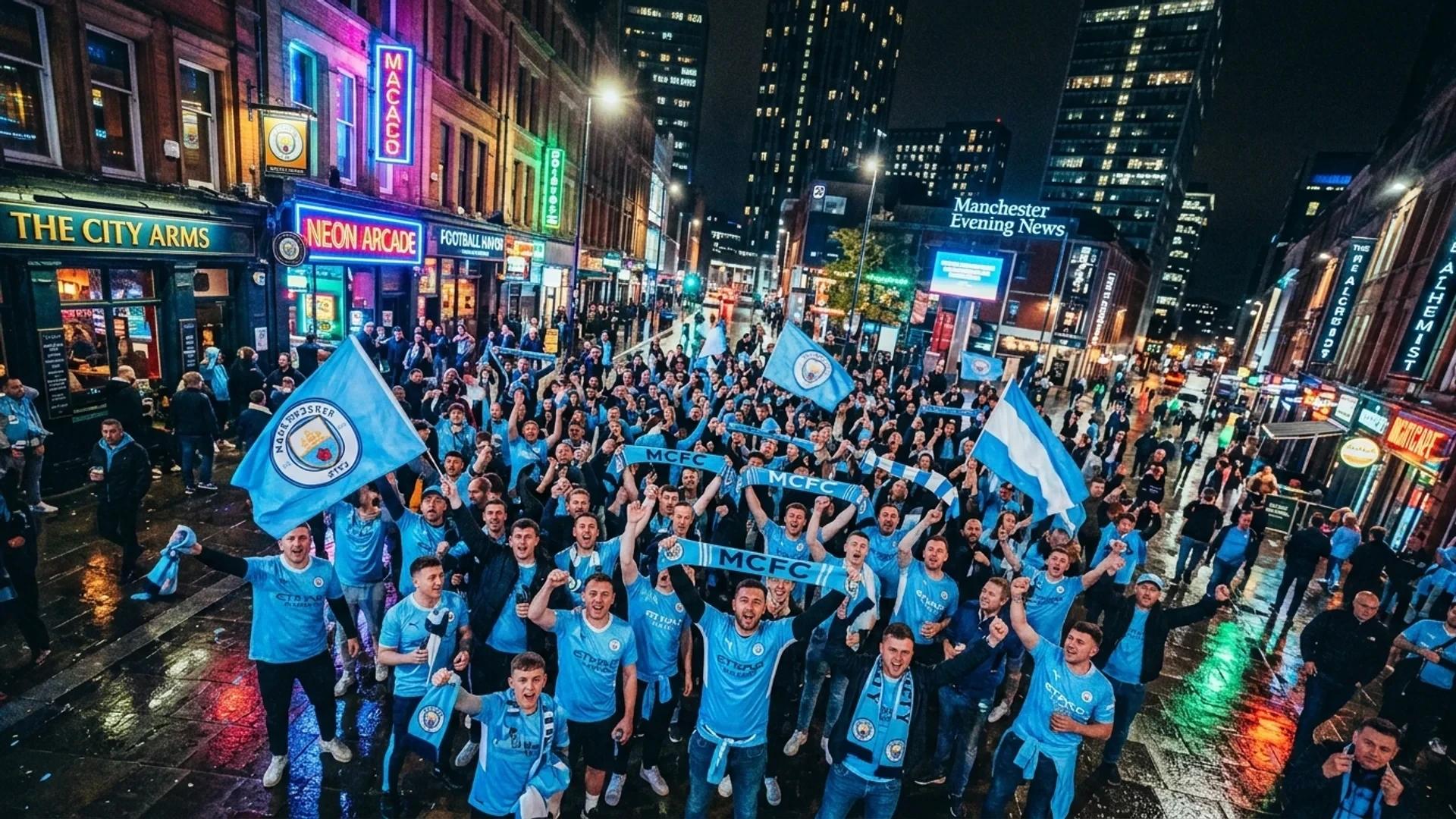 Folk samles under neonlys i en bygate for å støtte Manchester City.