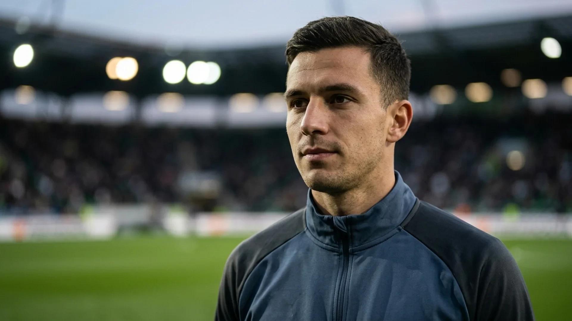 Kasper Høgh, 25-årig spiss fra Bodø/Glimt, avbildet i et intimt portrett under stadionlys, med et tankefullt uttrykk i forkant av sin overgang til Celtic.
