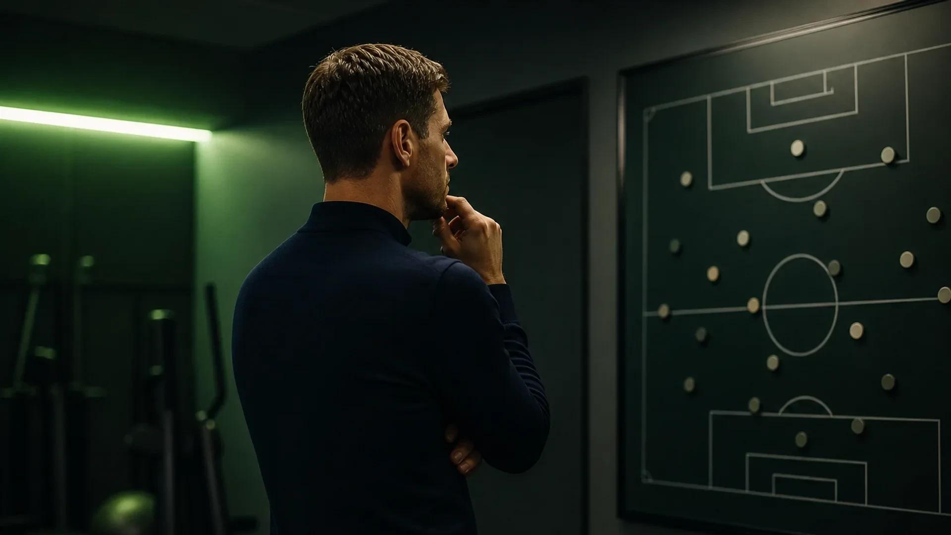 Xabi Alonso contemplating tactical decisions in a training facility.