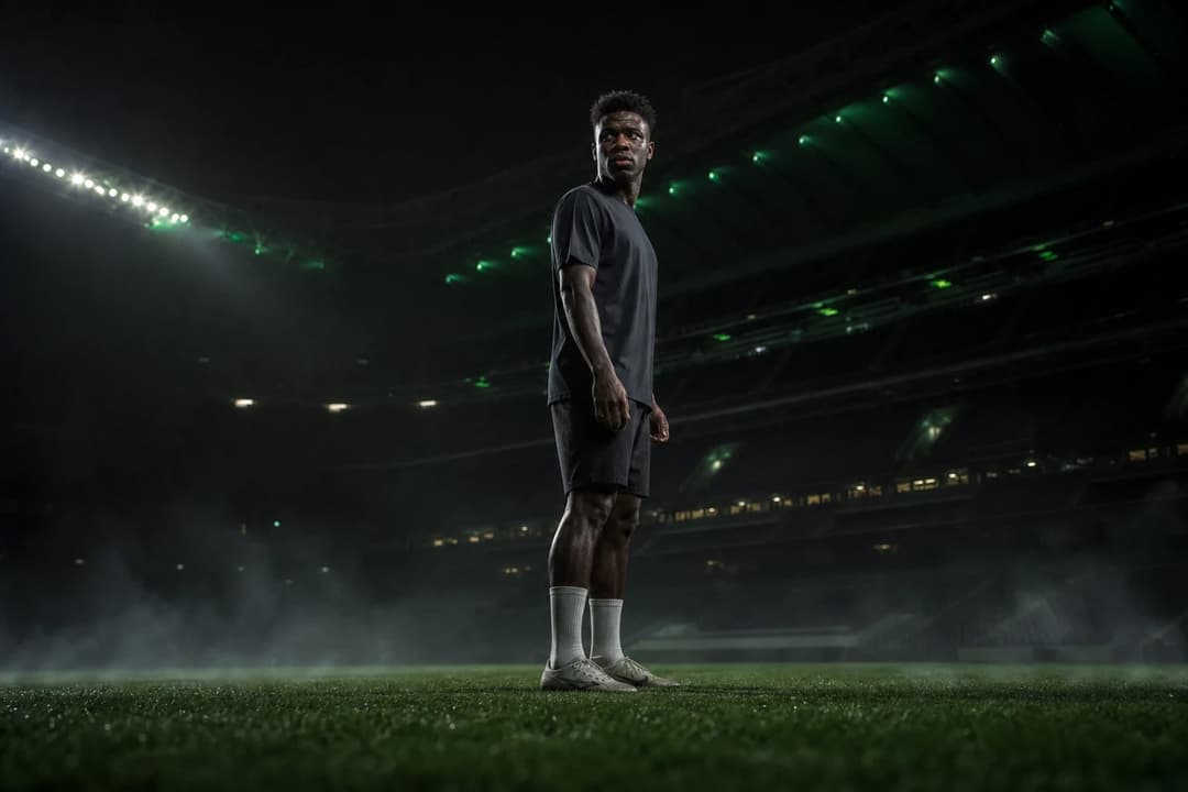 Vinicius Jr stands alone on the pitch of Santiago Bernabéu under a spotlight, evoking a sense of contemplation.
