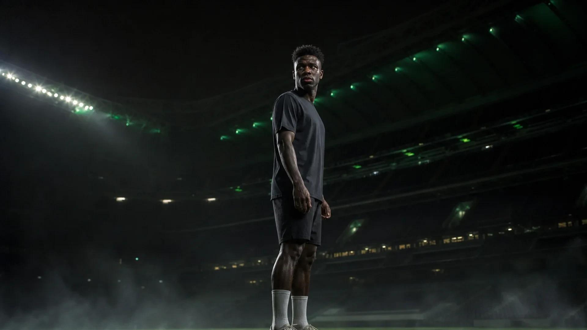 Vinicius Jr stands alone on the pitch of Santiago Bernabéu under a spotlight, evoking a sense of contemplation.